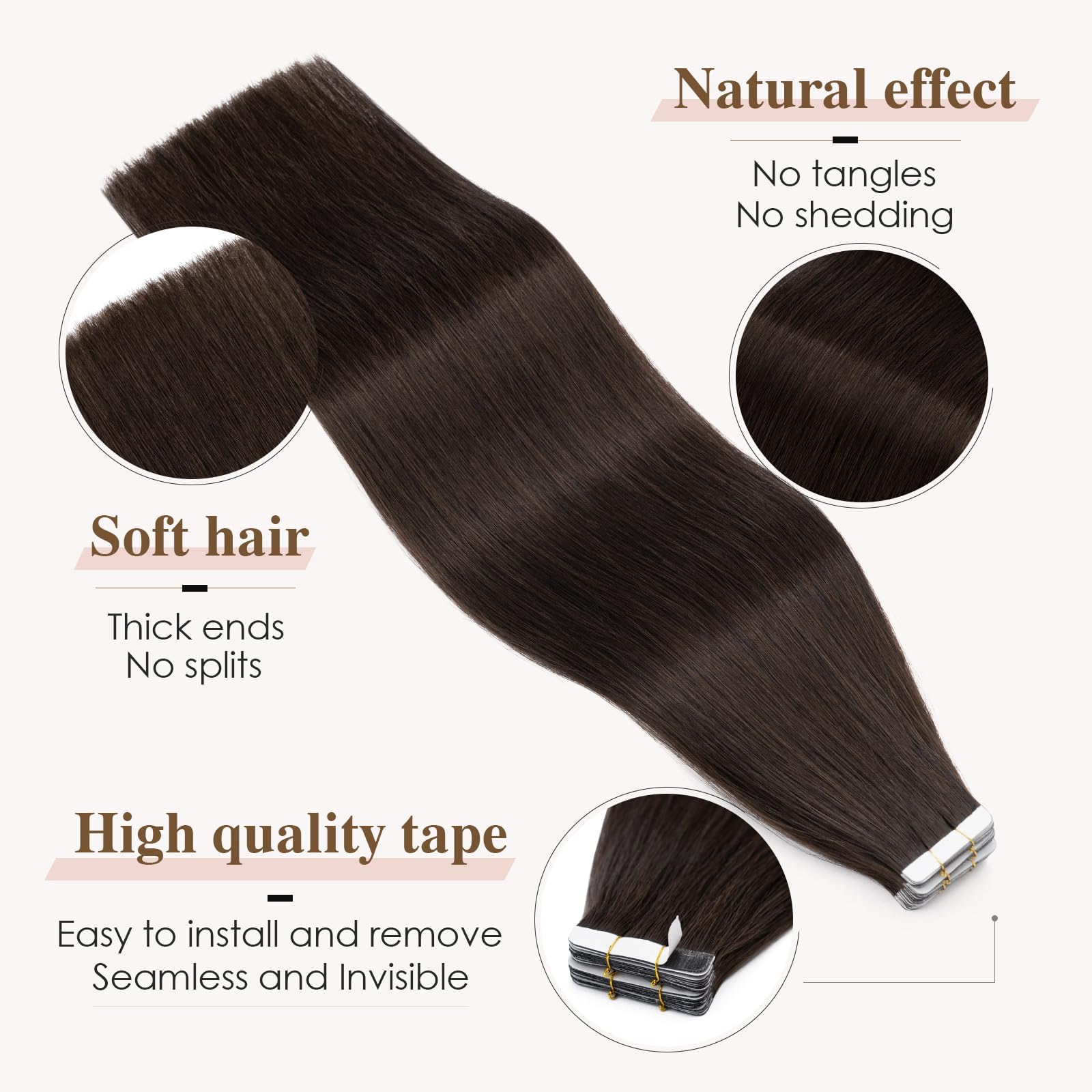 TESS Tape in Hair Extensions Human Hair 10 PCS #02 Dark Brown - 20 Inch Seamless Invisible Real Hair Extension Straight 25g - Image 2