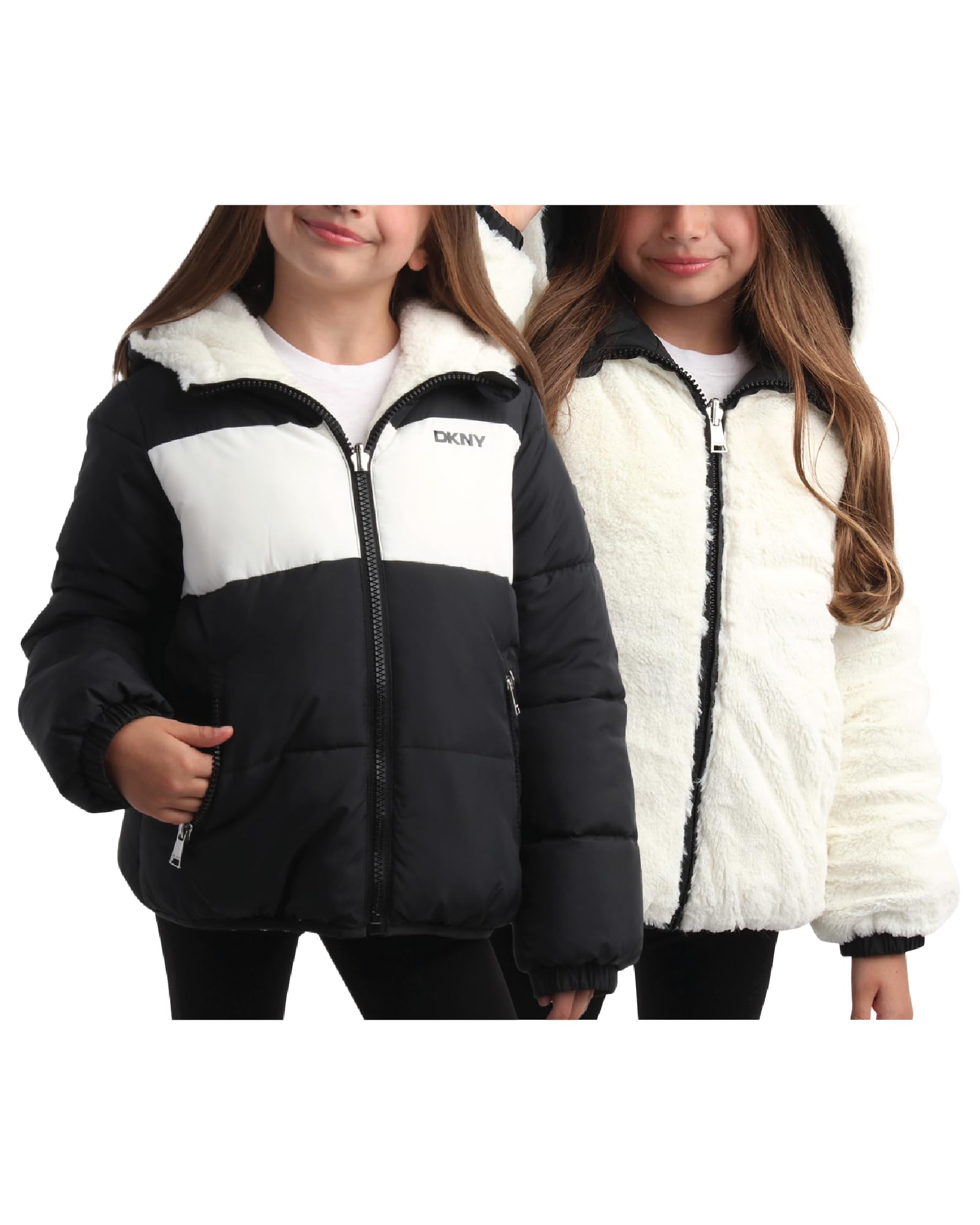 DKNY Girl's Puffer Jacket - Cozy Full Zip Up Girls Fashion Hoodie - Reversible Fur Hooded Puffer Jacket for Girls (7-16)