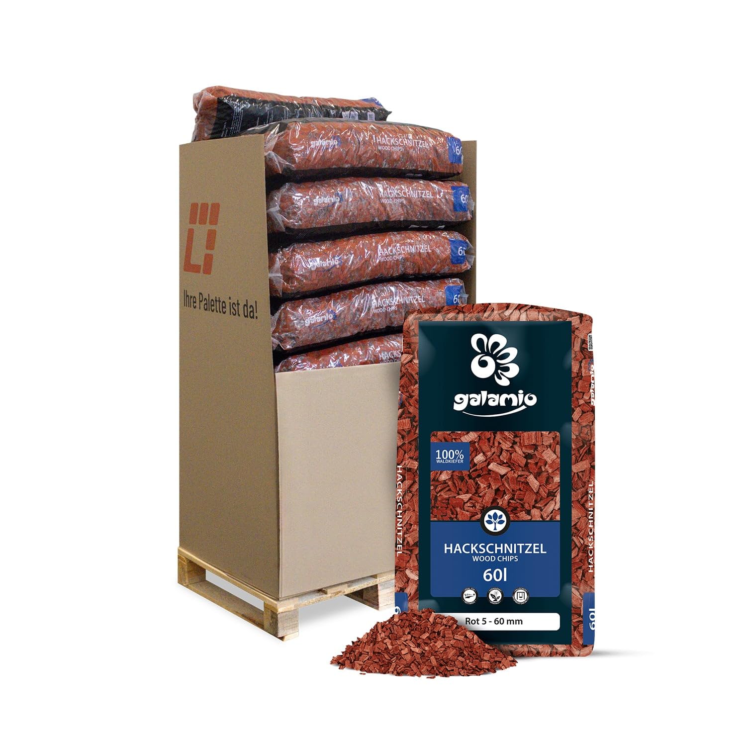 GALAMIO Holzhackschnitzel Rot (720 L / 5-60 mm) – Gartenmulch fürs Beet
