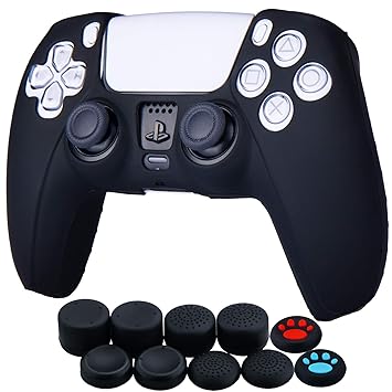 YoRHa Silicone Cover Skin Case for Sony PS5 Dualsense Controller x 1(Black) with Thumb Grips x 10