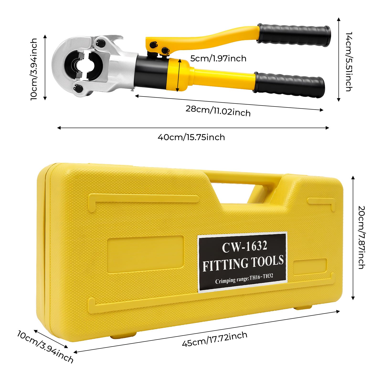 Pince à Sertir 8 Tons TH - 16-32 Mm - Tête Rotative à 360° - Avec Poignée - Boîte à Outils - 4 Inserts Pour Tuyaux PEX, Tubes En Acier