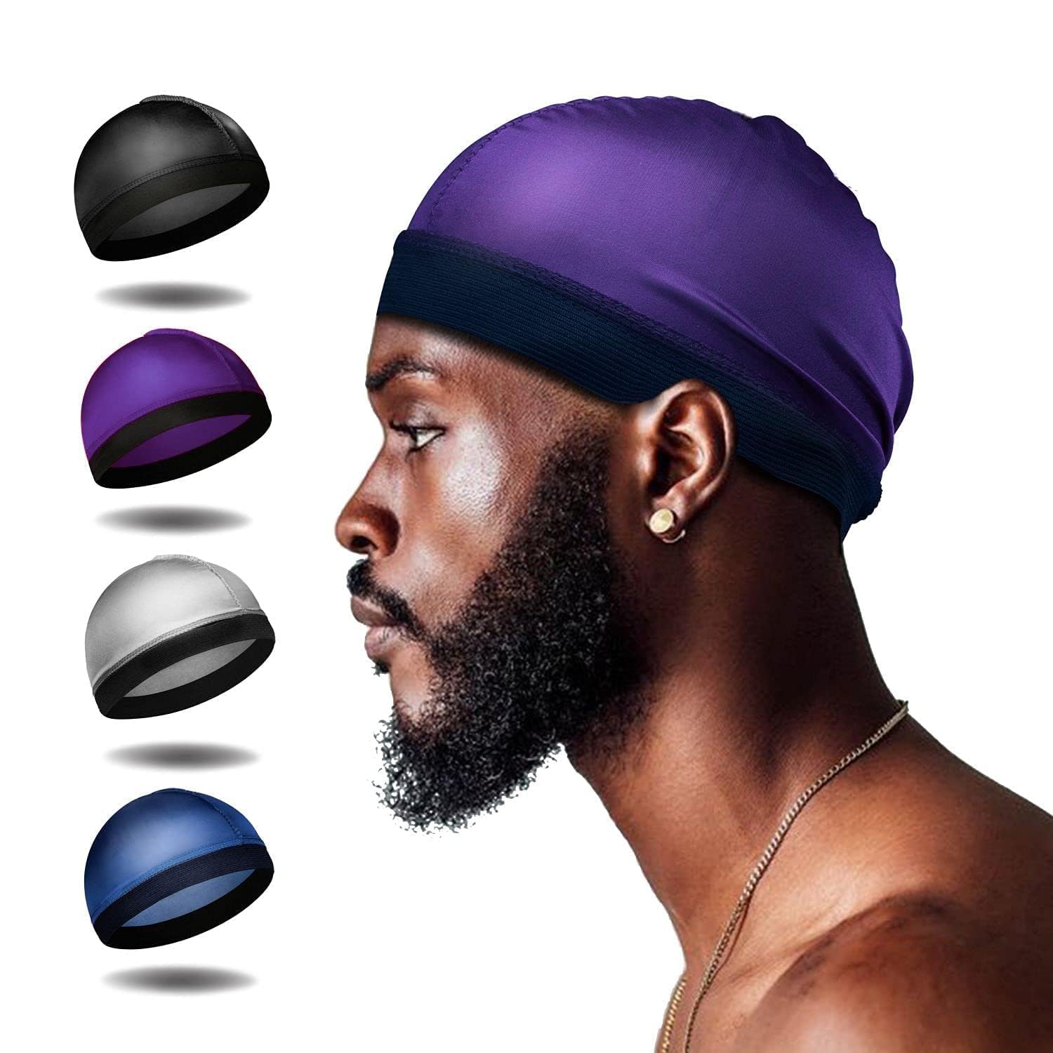Selalu 4Pcs Wave Cap, Silk Stocking Wave Caps for 360 Waves, Silky Durag for Men, Stain Caps (2*Blue 2*Black)