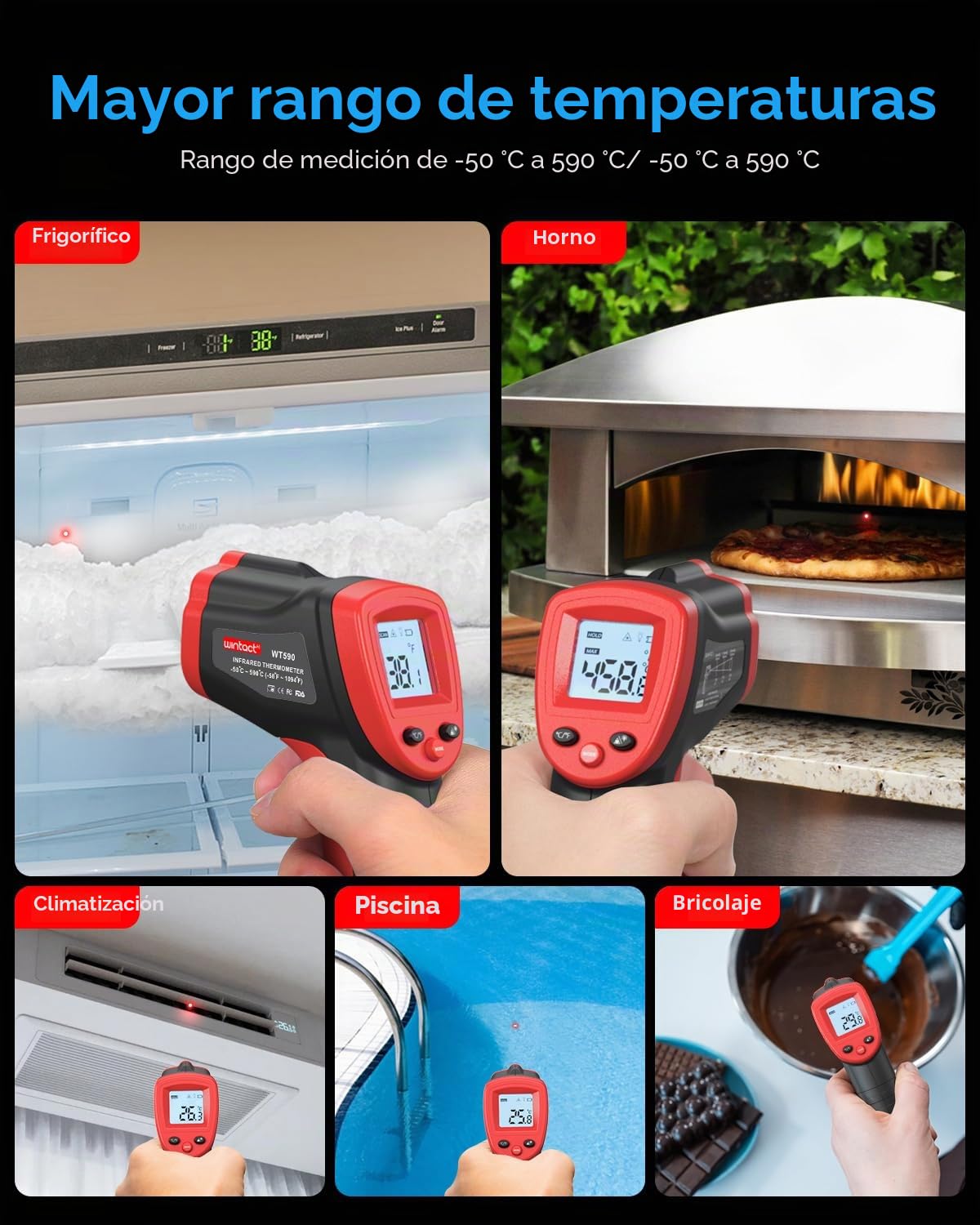 Termómetro infrarrojo Wintact -50°C a 590°C pistola láser temperatura sin contacto para cocinar