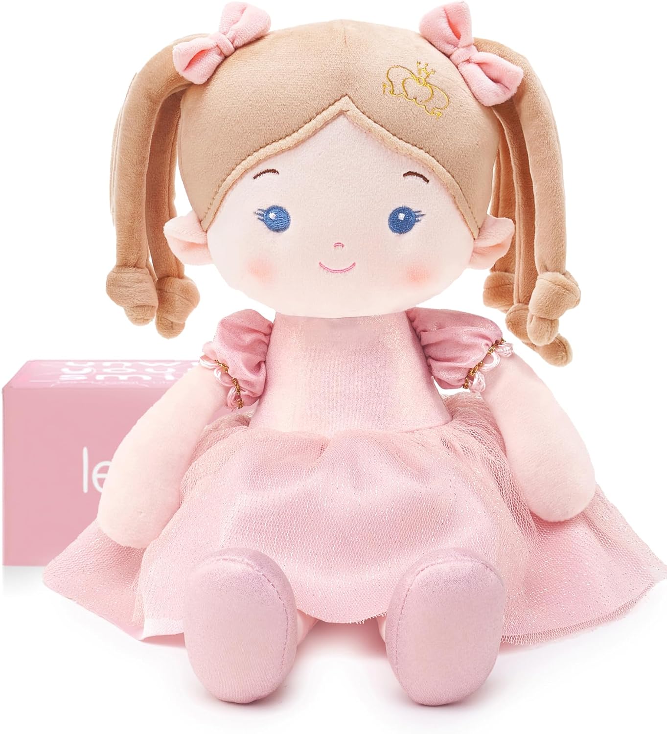 LeyaDoll Soft Baby Doll Toys (16''), My First Baby Rag Doll for 1 Year-Old Girl Birthday Gift, Christmas Plush Toys Gift for Toddler Kids Infants-Princess-Coral