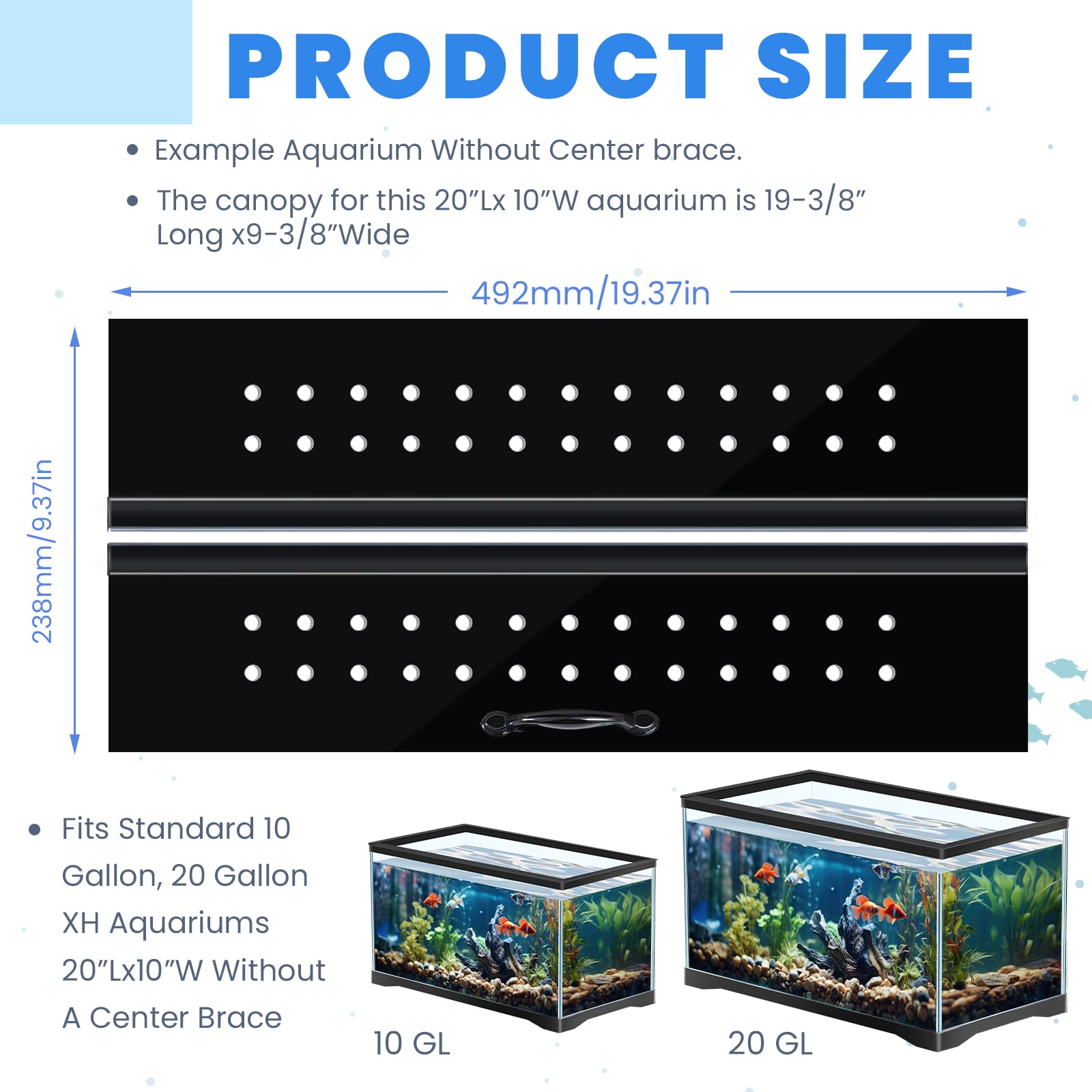 Sieral Ensemble d'auvent en polycarbonate pour aquarium de 49,37 x 24 x 0,3 cm pour aquarium de 36,5 x 20 l sans support central - Couvercle d'aquarium avec couteau à crochet, trou respirant, poignée