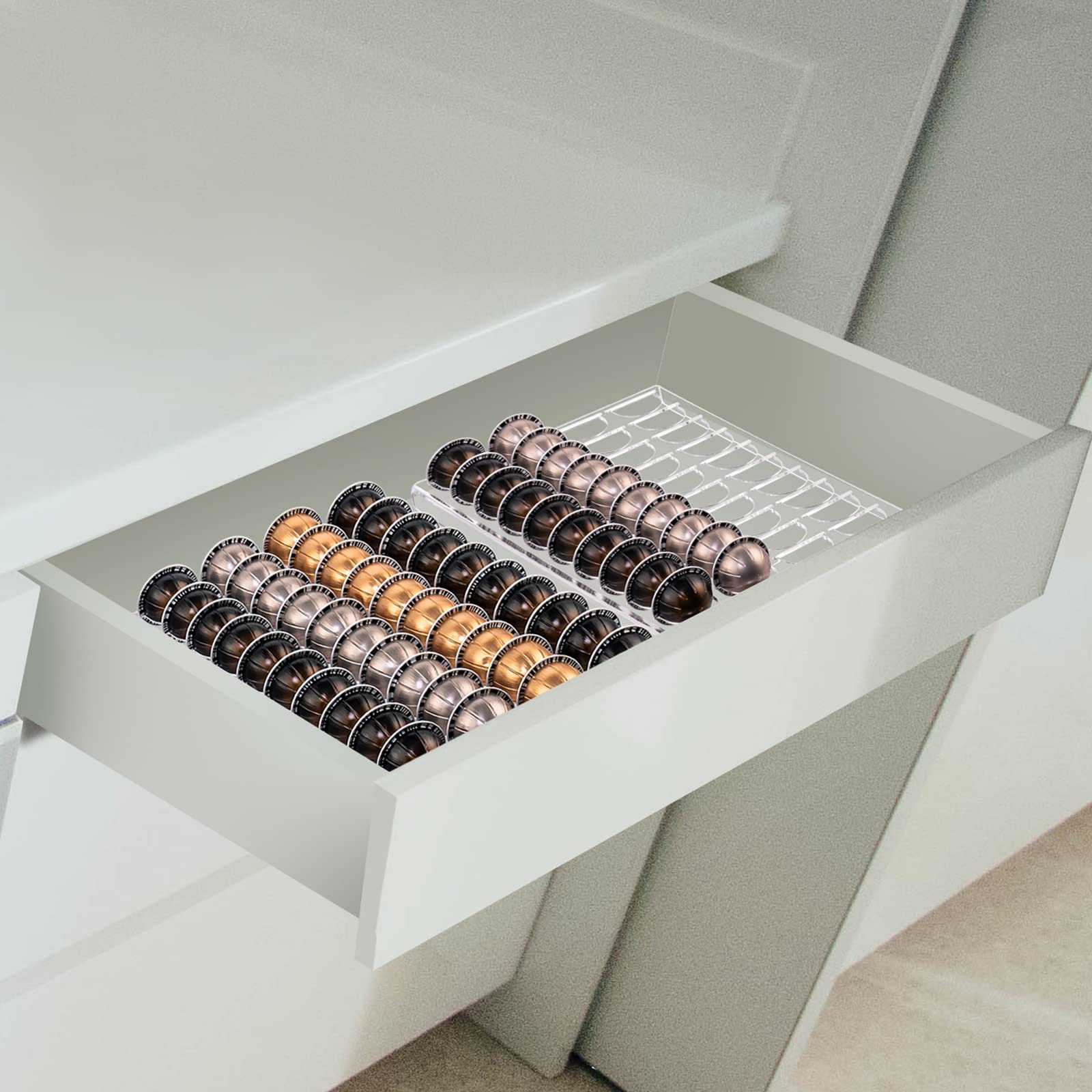 SUMERFLOS Bandeja de almacenamiento para cápsulas de café de 15.75 pulgadas de largo x 10.23 pulgadas de ancho, compatible con cápsulas Vertuoline, organizador de inserción de cajón con capacidad para