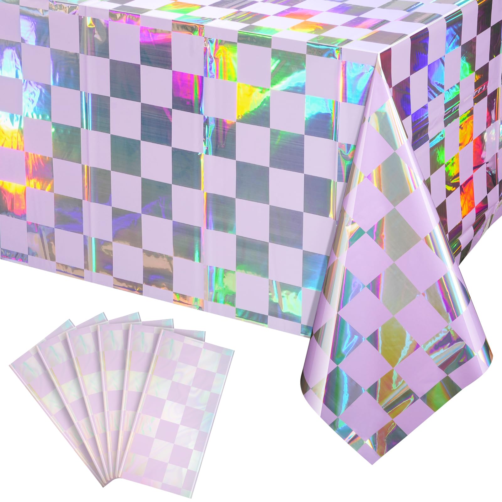 6Pack Iridescent Checkered and Purple Plastic Tablecloths Shiny Disposable Laser Rectangle Table Covers Holographic Foil Tablecloth Iridescent Party