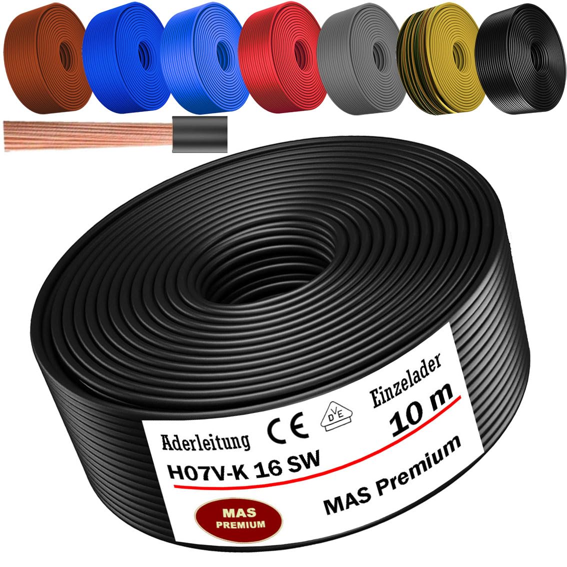 Przewód żyłowy H07 V-K 1 x 16 mm² czarny, brązowy, ciemnoniebieski, zielonożółty, szary, jasnoniebieski lub czerwony pojedynczy kabel elastyczny 5 m, 10 m, 20 m, 25 m, 30 m, 40 m, 50 m do 100 m (czarny, 10 m)