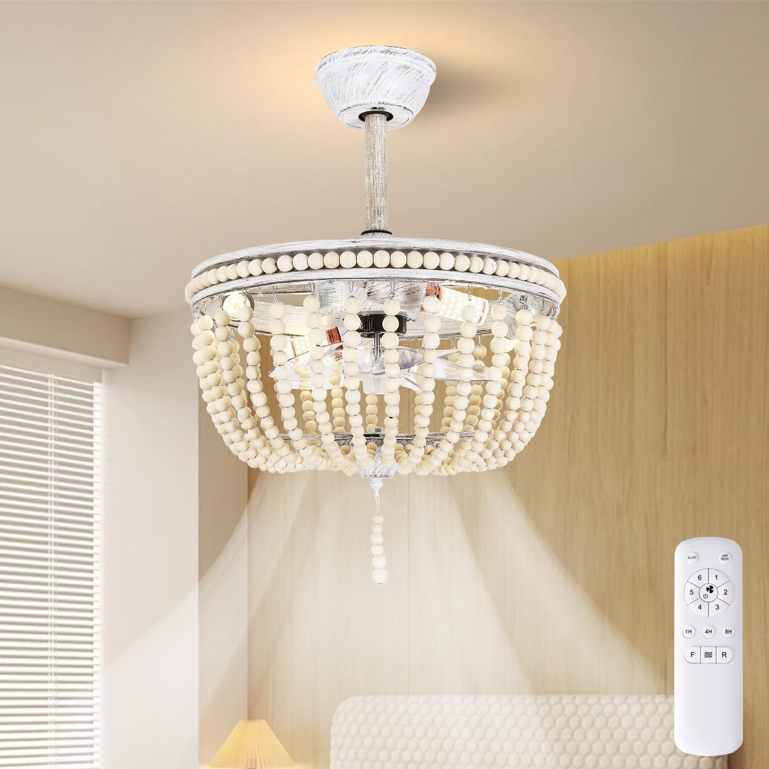 Boho Beaded Ceiling Fans with Lights and Remote Control, 19.7 Inch Low Profile Retro Ceiling Fans, 6-Speed Reversible DC Motor E26 Metal Bulb Base for Bedroom