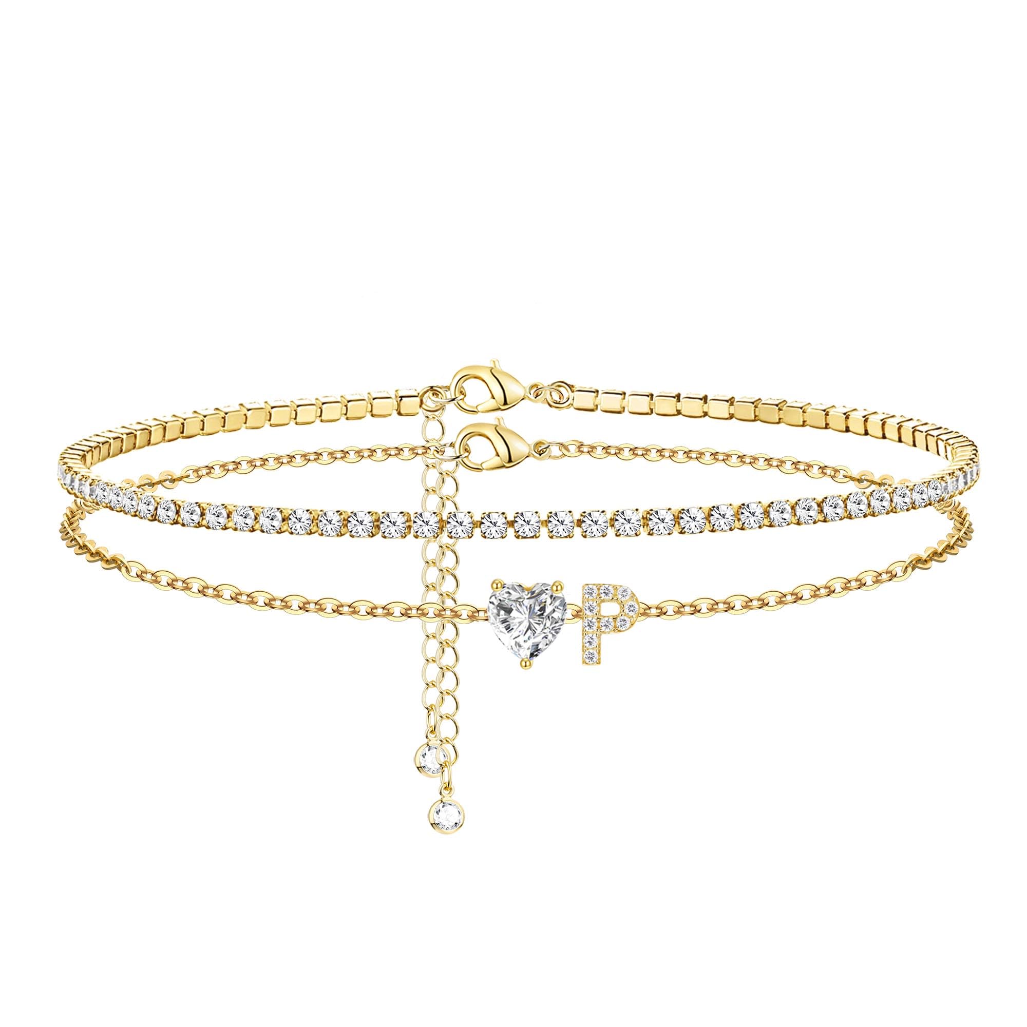 CIOMY Gold Initial Ankle Bracelets for Women 14K Gold Plated CZ heart Tennis Anklets for Women Waterproof Layered Adjustable Letter Anklets Large