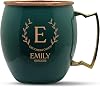 Custom 100% Copper Moscow Mule with Smooth Painted Finish - Engraved Bar Style Cup with Personalized Groomswomen Monogram Leaves Arch Wedding Themed Engraving, Brass Handle | 18 oz, Green