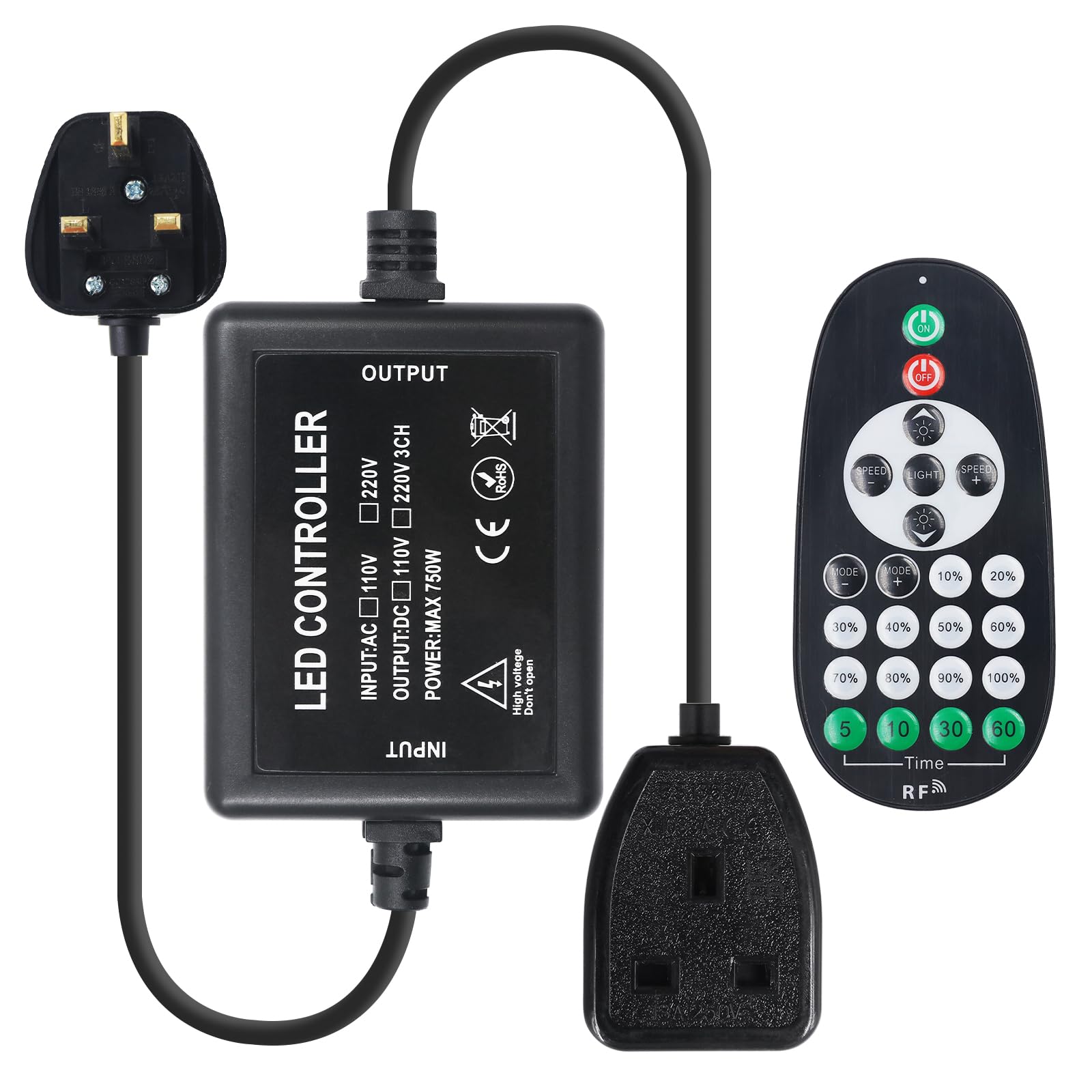 GQL 220V Universal Dimmer, 23 keys RF Remote Control + 750W Dimmable Controller, Output DC 220V, General Model for 220V LED Strip/String/Fairy Light with UK Plug