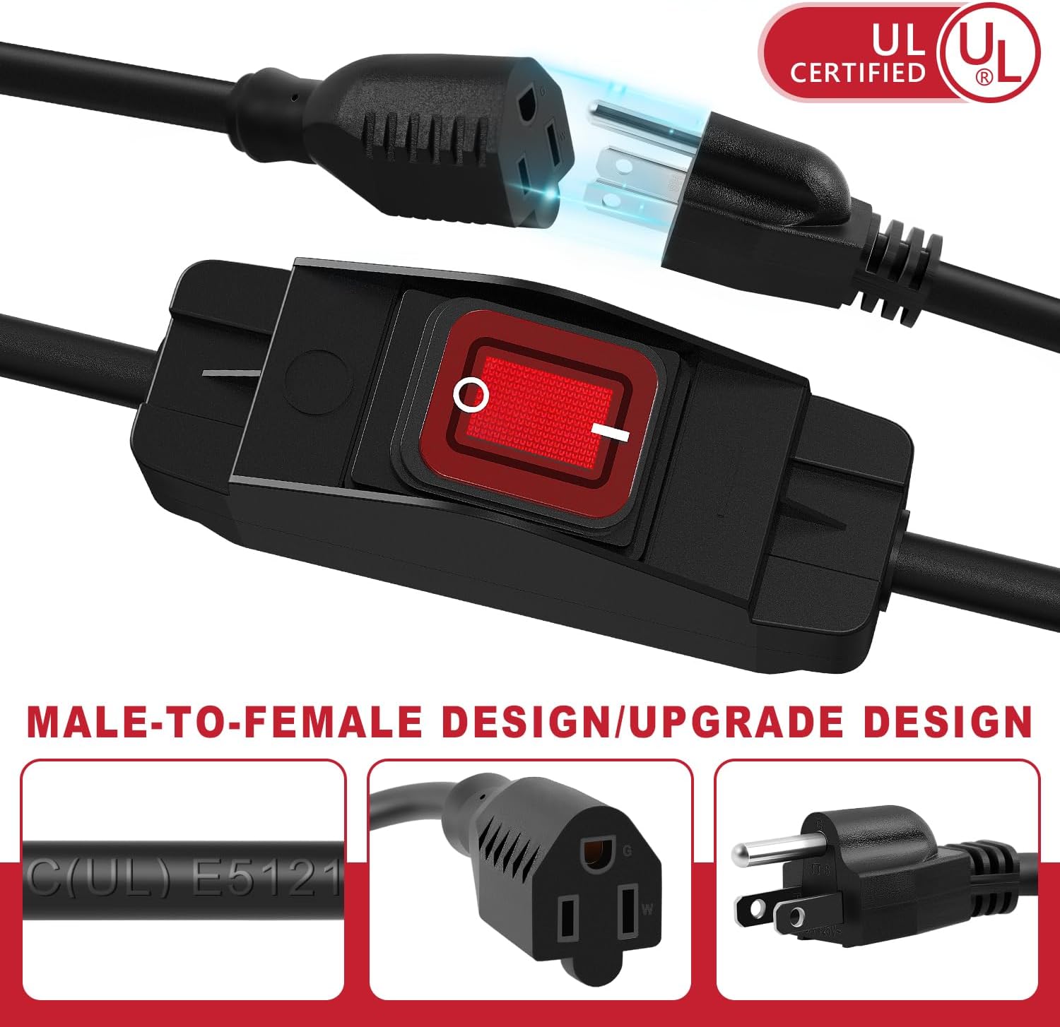 Delgada 1.5Ft Outdoor Extension Cord with Switch ON/Off Heavy Duty 3 Prong Waterproof Extension Cord Switch 14 AWG 15A 125V UL Listed Cord with Switch for Holiday Lights