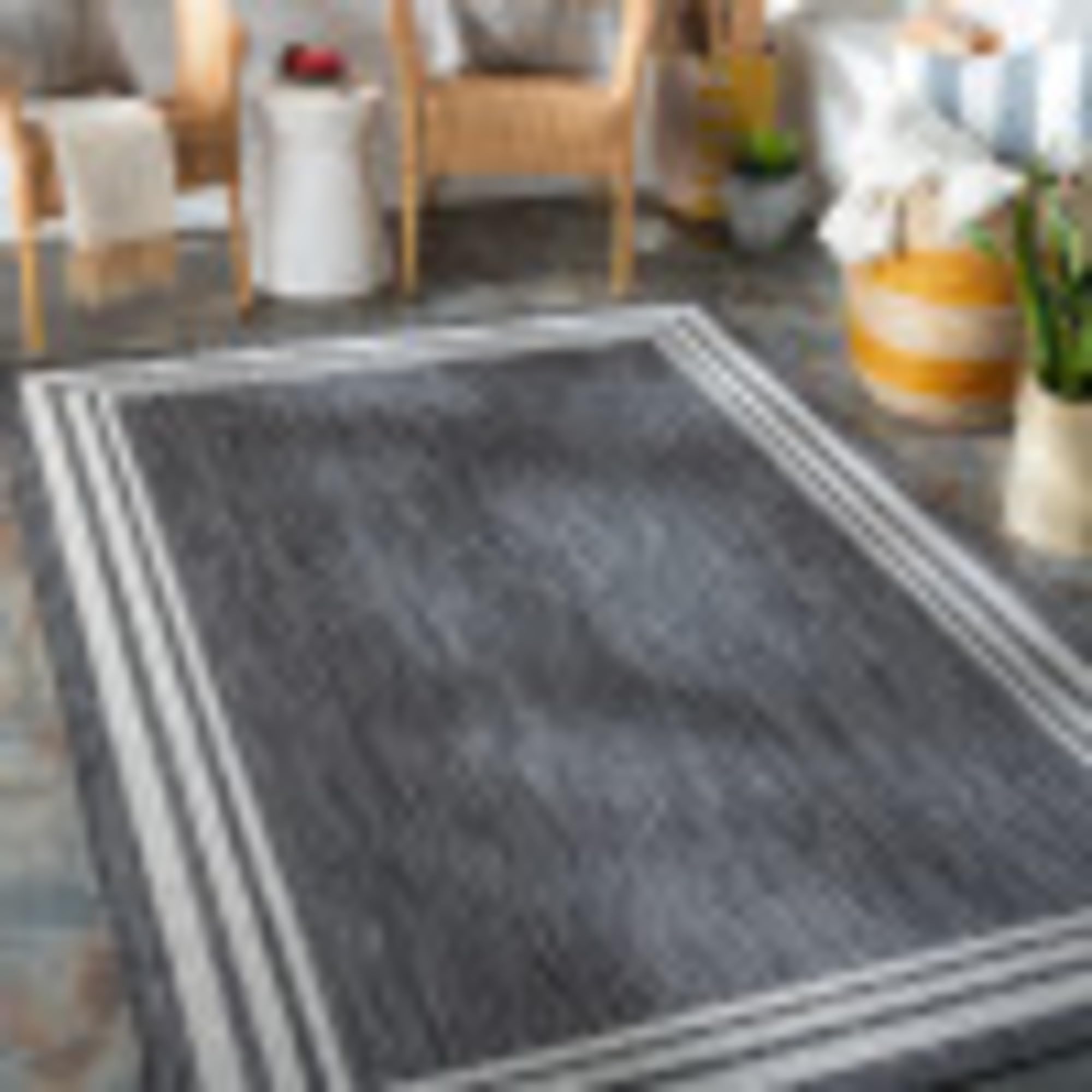 Livabliss Akriti Geometric Indoor Outdoor Carpet 160x220 cm, Boho Pattern for Patio, Deck & Garden, UV Resistant Weather & Stain Durable, Charcoal Cream