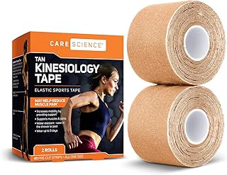 Care Science Waterproof Kinesiology Tape, Precut Water Resistant Strips, Elastic Athletic Tape for Sports & Weightlifting, Supports Muscles & Joints, Muscle Strain Relief, Tan, 2 Rolls, 40 Count