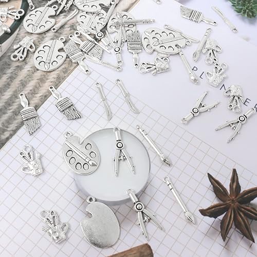 Miniatura 3 de Honbay 60 dijes de pintura de aleación, colgantes, artista, pintor, paleta, cuchillo, brocha, brújulas, colgantes para aretes, pulseras, collares,