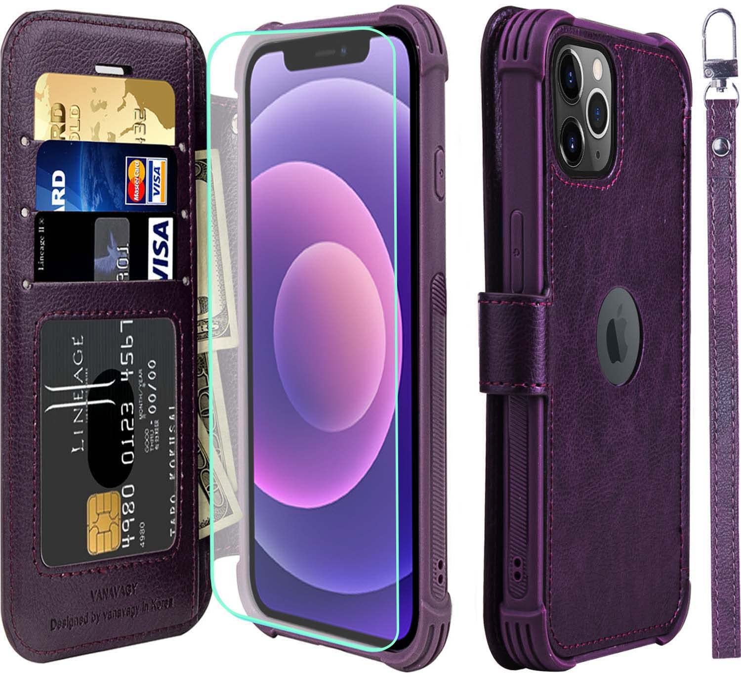 VANAVAGY Compatible for iPhone 12/iPhone12 Pro Wallet Case for Women and Men,RFID Flip Leather Cover with Wrist Supports Wireless Charging with Card Holder and Glass Screen Protector,Purple