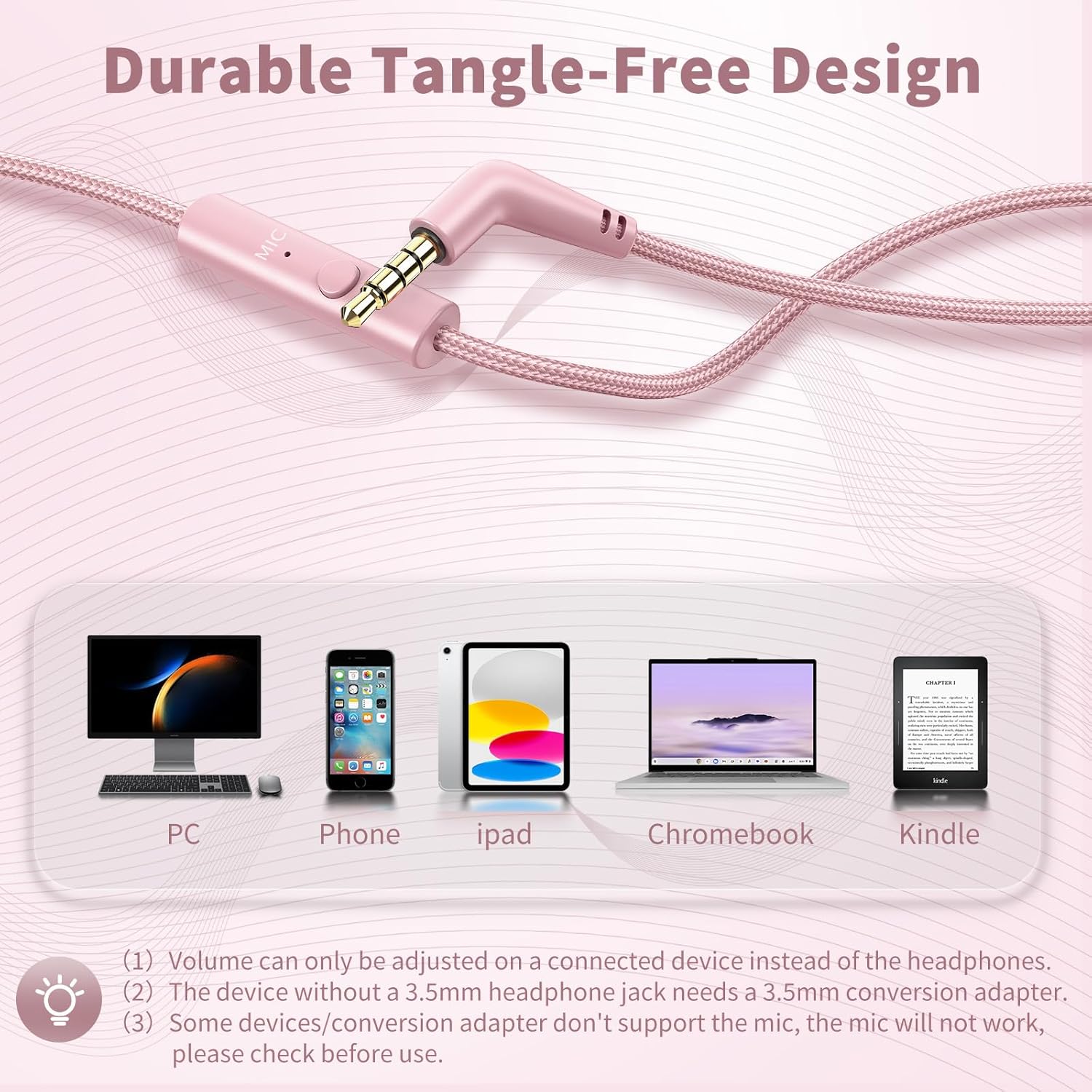 Wired Headphones with Microphone, Over Ear 3.5mm Plug in Headphones with 4.9ft Tangle-Free Nylon Cord for Tablet, Laptop, MP3/4, School, Airplane Travel (Pink) - Image 6