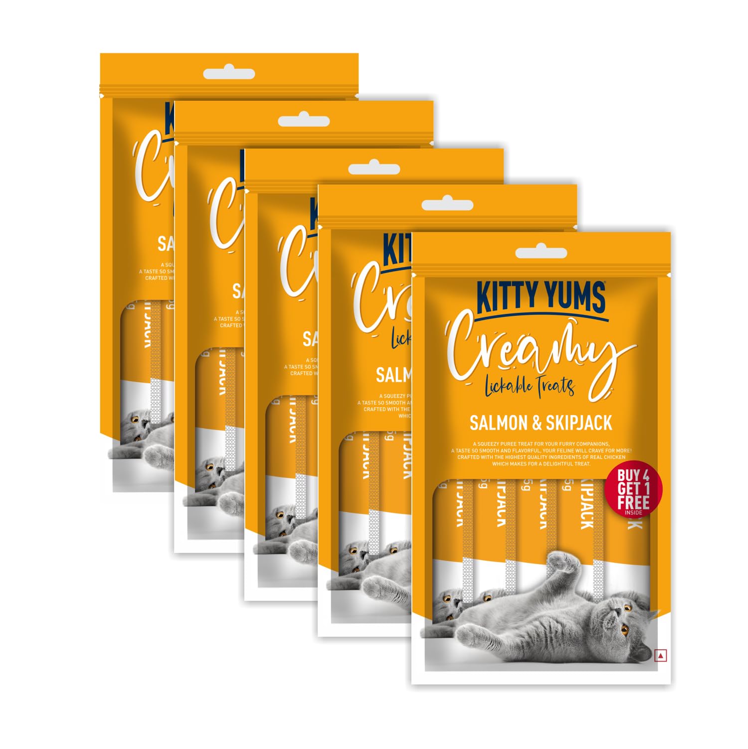 Kitty Yums Creamy Lickable Cat Treats, Salmon & Skipjack, Pack Of 5 (25 Pcs, 375Gm) | Rich In Protein, Promotes Hydration, No Artificial Preservatives | Best For Training | For Kitten & Adult