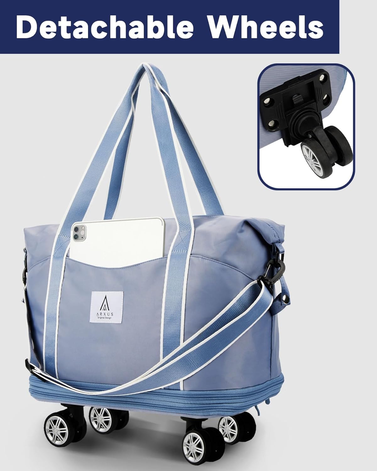 Arxus Rolling Duffle Bag with Detachable Wheels and Adjustable Shoulder Strap, Large Expandable Foldable Carry On Luggage Bag with Handle and Suitcase Sleeve, Weekender Bag for Travel Airplane 25L-55L - Image 3