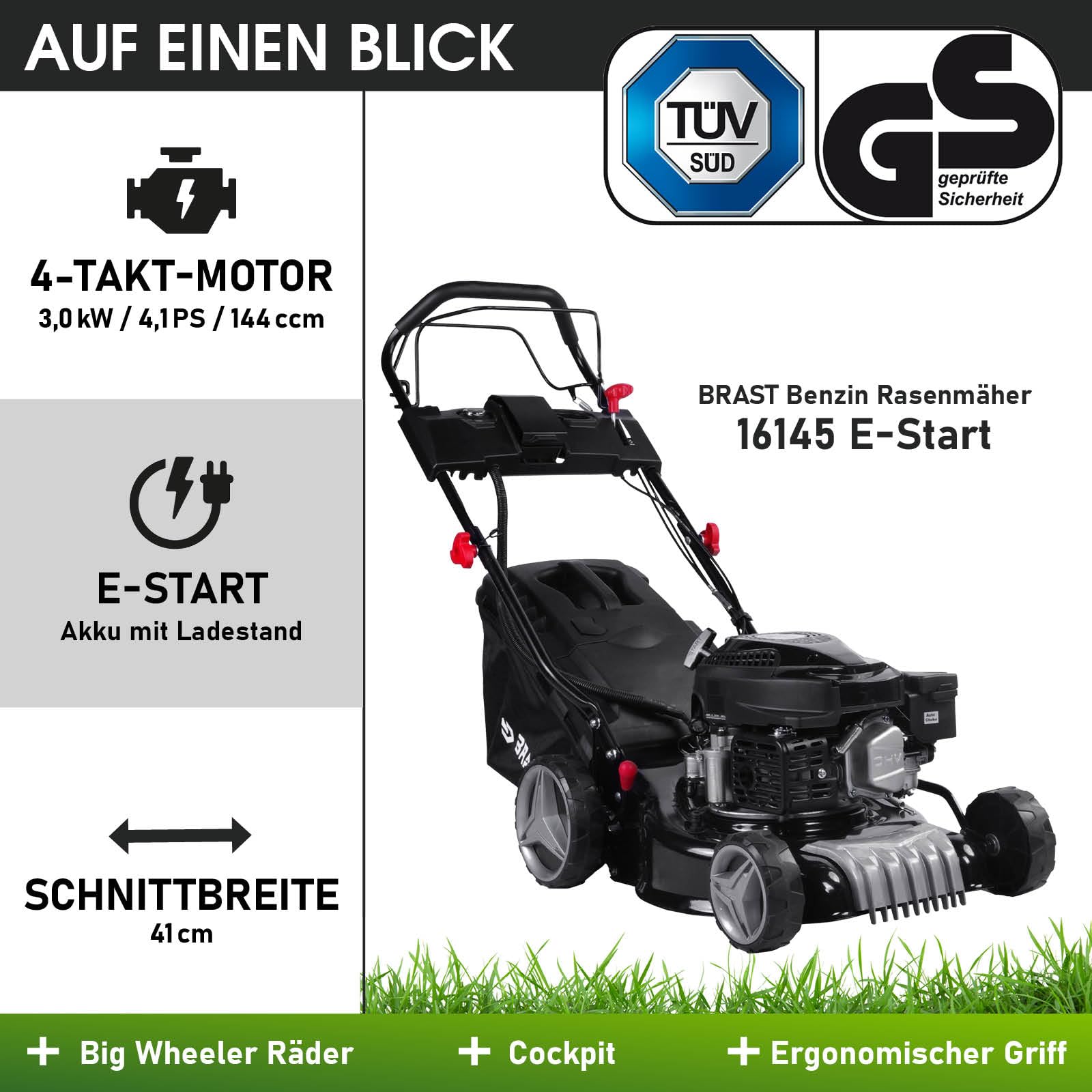 BRAST Benzin Rasenmäher mit Antrieb | 3,0kW (4,1PS) | Elektrostart | 41cm Schnittbreite | TÜV | 4 Takt OHV Motor | 25-75mm Schnitthöhe | 40L Fangkorb | Stahlgehäuse | 16145 Estart