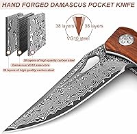 Vista 2 de Benkey Cuchillo de bolsillo de acero de Damasco, cuchillo de bolsillo afilado VG10 Damasco con mango de madera hecho a mano, funda de cuero