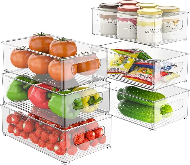 Fridge Storage Organiser- 6 Pack (3 Sizes) Fridge Organisers Stackable, Fridge Organisers for Pantry, Freezer, Cabinet, Drawer - BPA Free