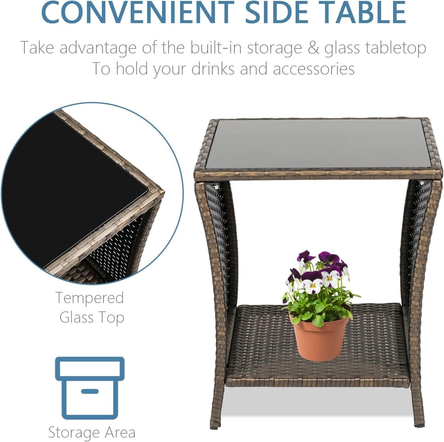 Kinfant Wicker Rattan Coffee Table - Square Tempered Glass Top Furniture with Storage for Outdoor Backyard Lawn Balcony Pool Patio