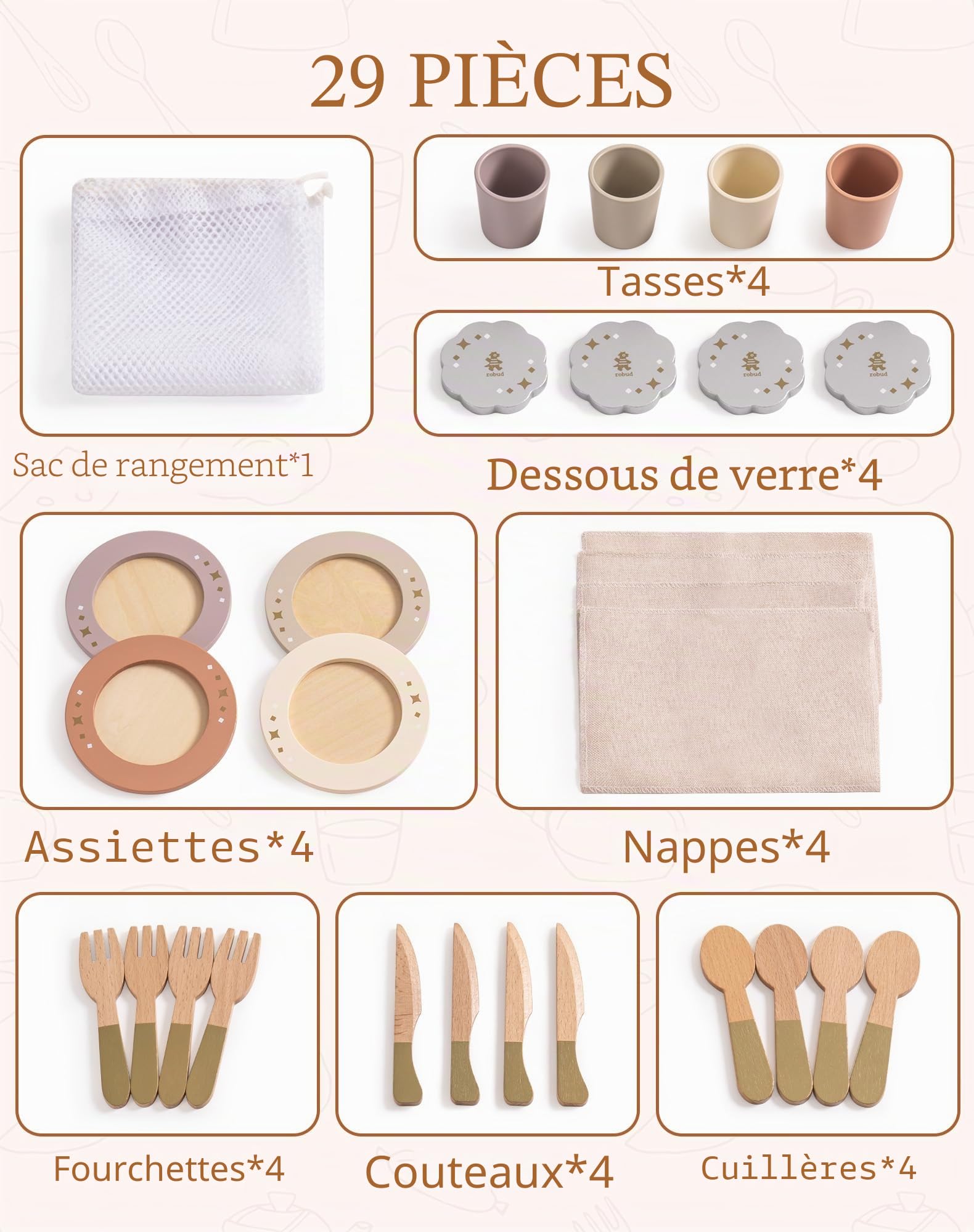 ROBUD Accessoires de cuisine pour enfants, vaisselle en bois, 29 pièces, assiettes et ustensiles de cuisine, ensemble de vaisselle pour jeux de rôle, accessoires de cuisine pour enfants, jouets en