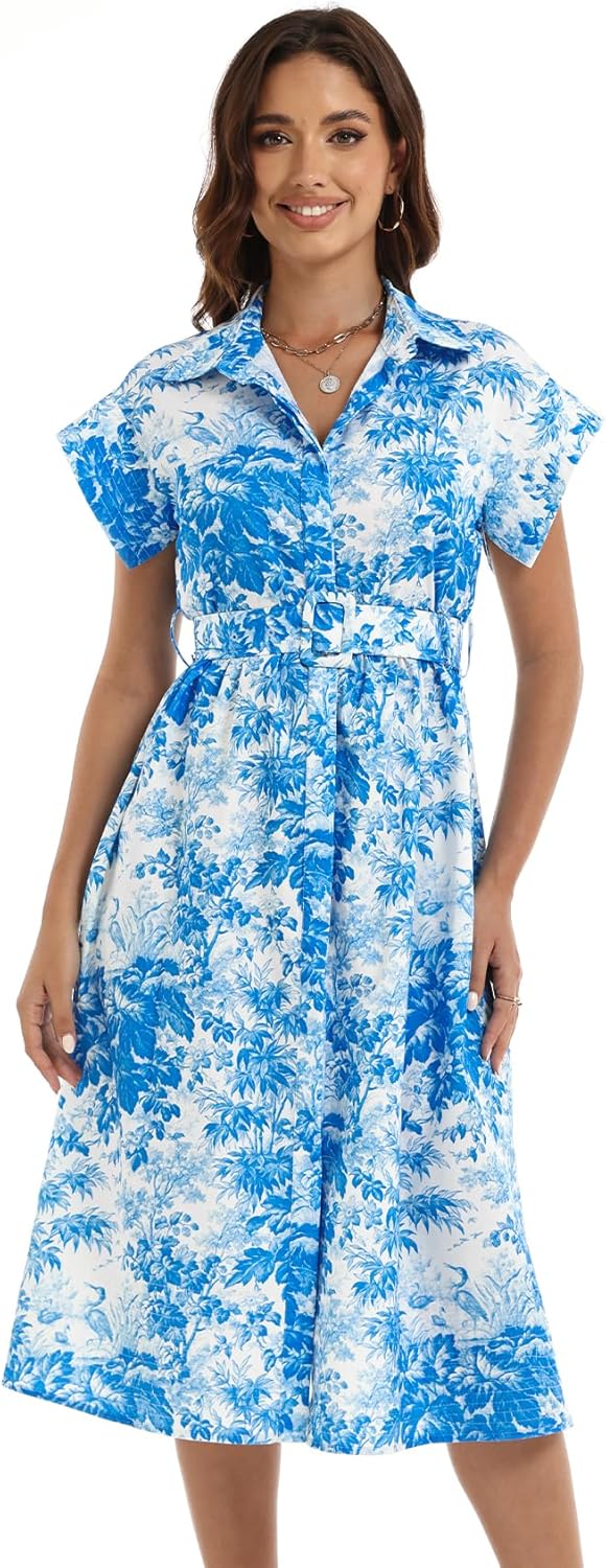 Women's Button Down Shirt Dress Floral Printed Turn Down Short Sleeve Formal Midi Shirt Dress with Belt - Image 6