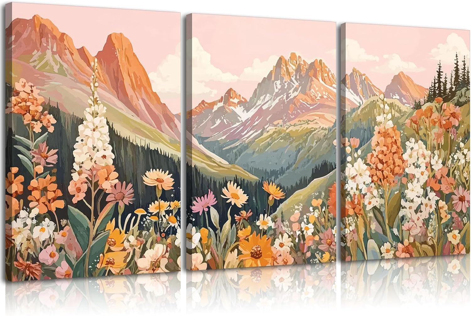 3Pcs Boho Mountain Canvas Wall Art Vintage Wildflower Mountains Poster Prints Abstract Nature Landscape Picture Nature Botanical Paintings Artwork Wall Decor for Living Room Bedroom 12x16in Framed