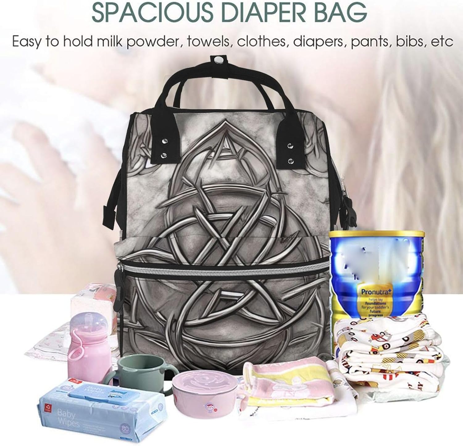 Triquetra Trinity Knot Silvery Pewter Faux Metal Diaper Bag Backpack for Women, Large Capacity Waterproof Travel Bag with Stroller Straps