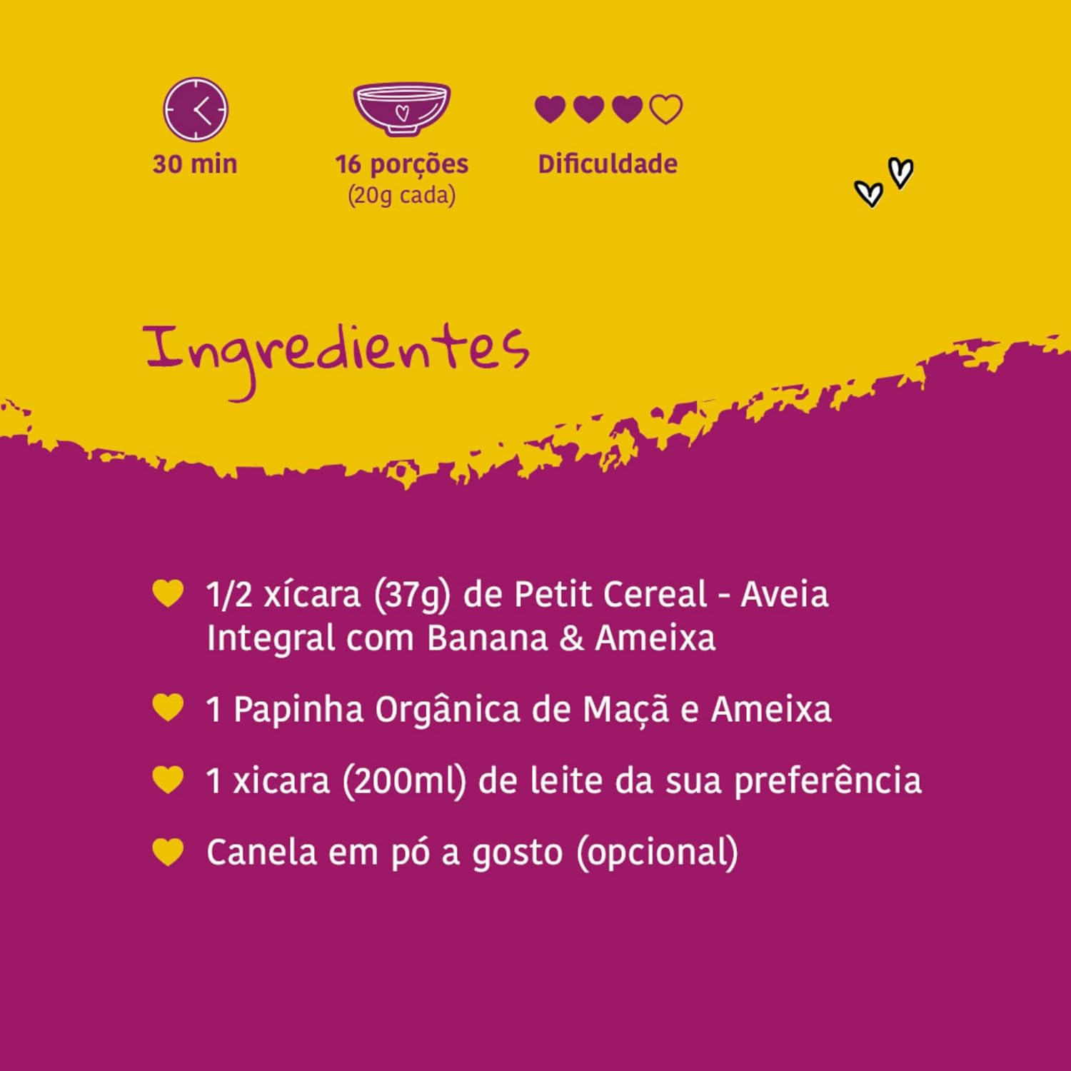Papapá, Cereal infantil, Petit Cereal, Avêia Integral com Banana & Ameixa, Caixa, 170g, Amarelo