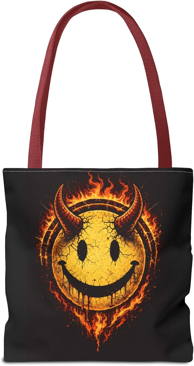 Flaming Devil Smiley Tote Bag | Fiery Horned Grunge Smiley | Black | 100% Polyester - Image 3