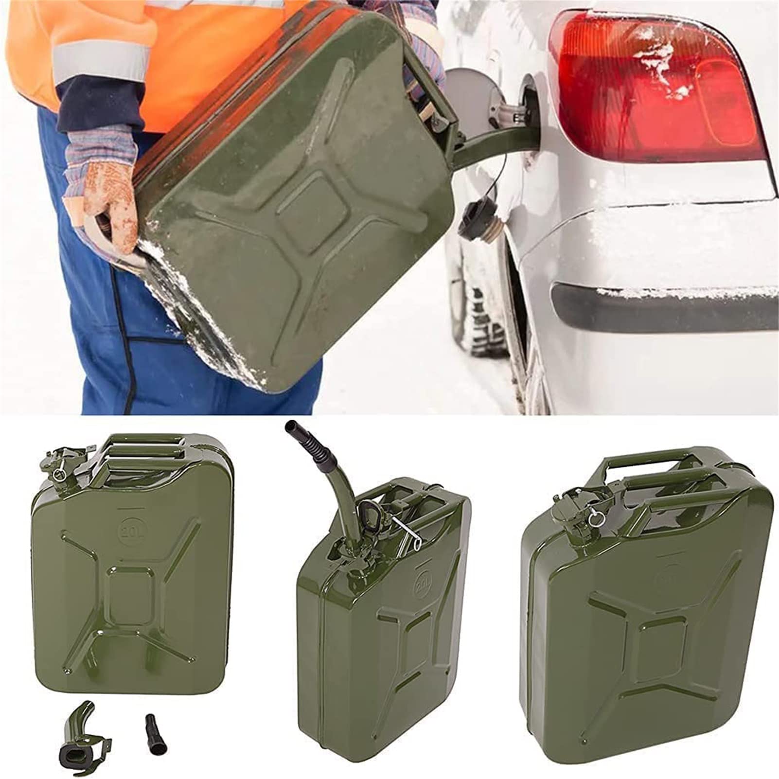 Taniche carburante 5 galloni Combustibile Benzina a benzina - Army Green per Benzina e Diesel Flip Cap Guarnizione in gomma Coperchio Trasporti Liquidi, Bustù flessibile e kit di sfiato (20L)