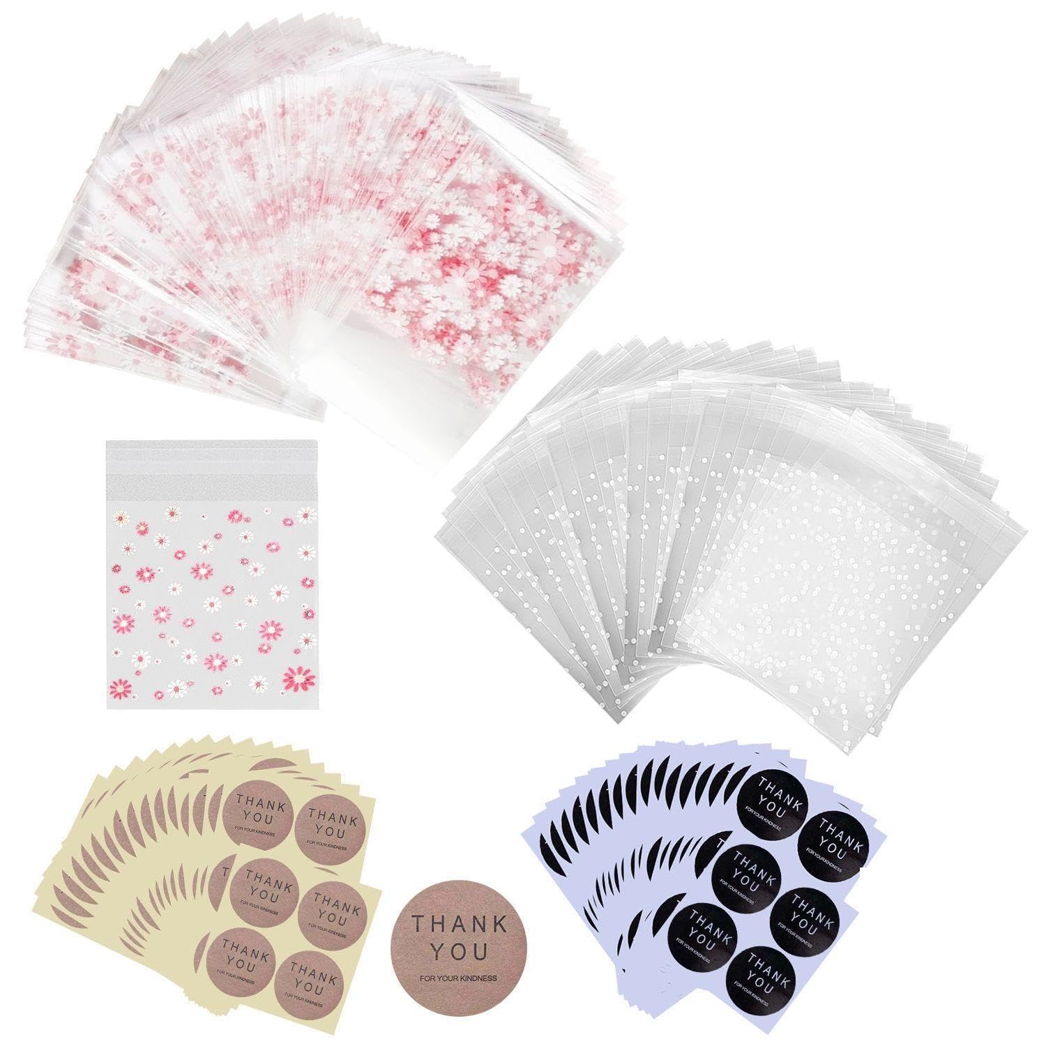 Ffdhwu Transparent 200 Self-Adhesive Cellophane Bags With 200 Stickers, 10X10cm Size, Biscuit Candy Packaging Supplies, Multi-Function Storage Accessories.