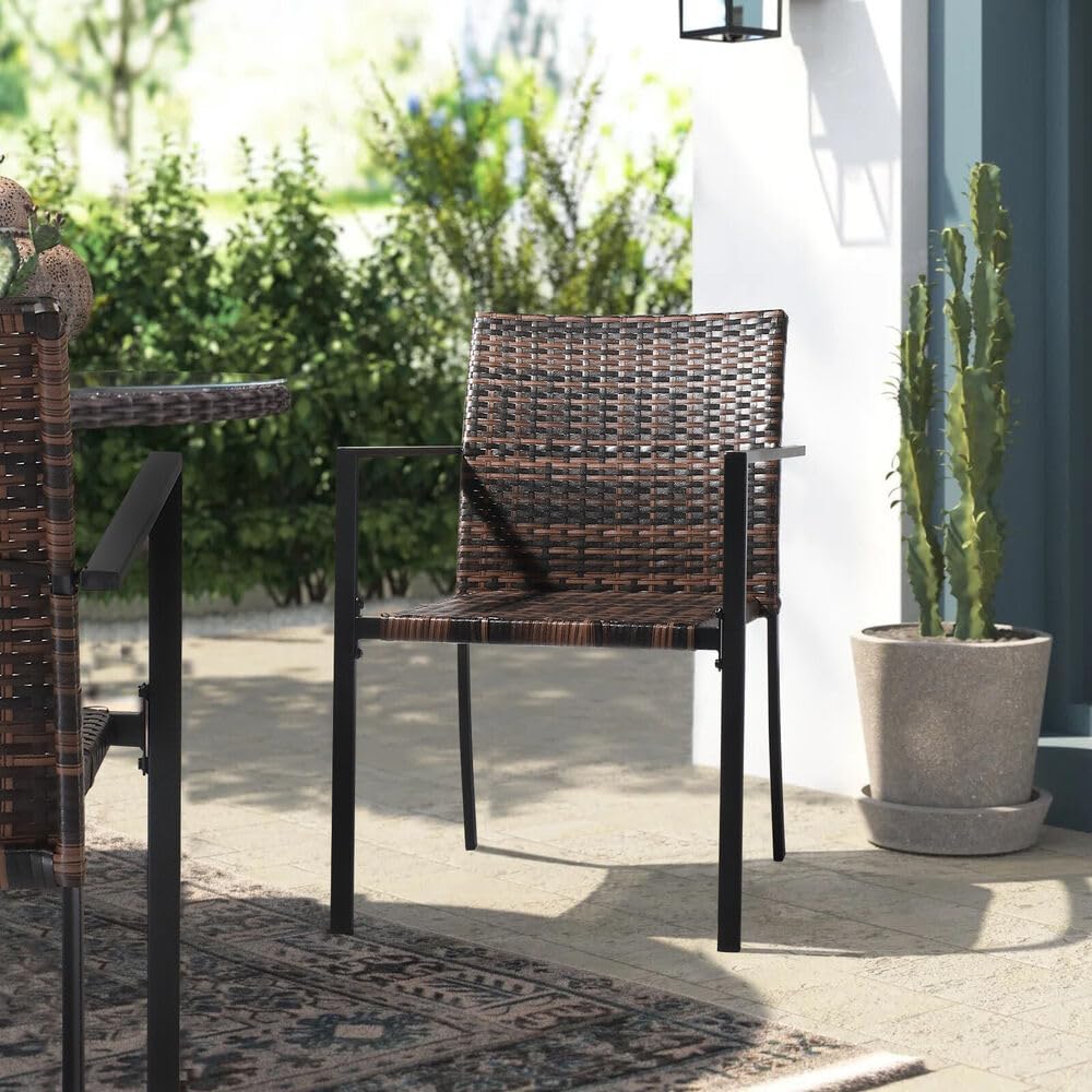 All-Weather Set of 2 Stackable Outdoor Wicker Patio Dining Chairs with Armrests
