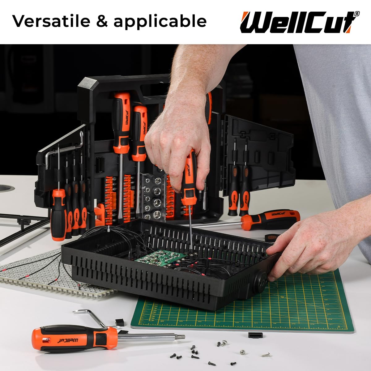 WELLCUT WC-RSD63 Jeu de 63 tournevis à cliquet de précision et poignée antidérapante et embouts magnétiques en acier robuste dans un étui portable pour bricolage et application professionnelle
