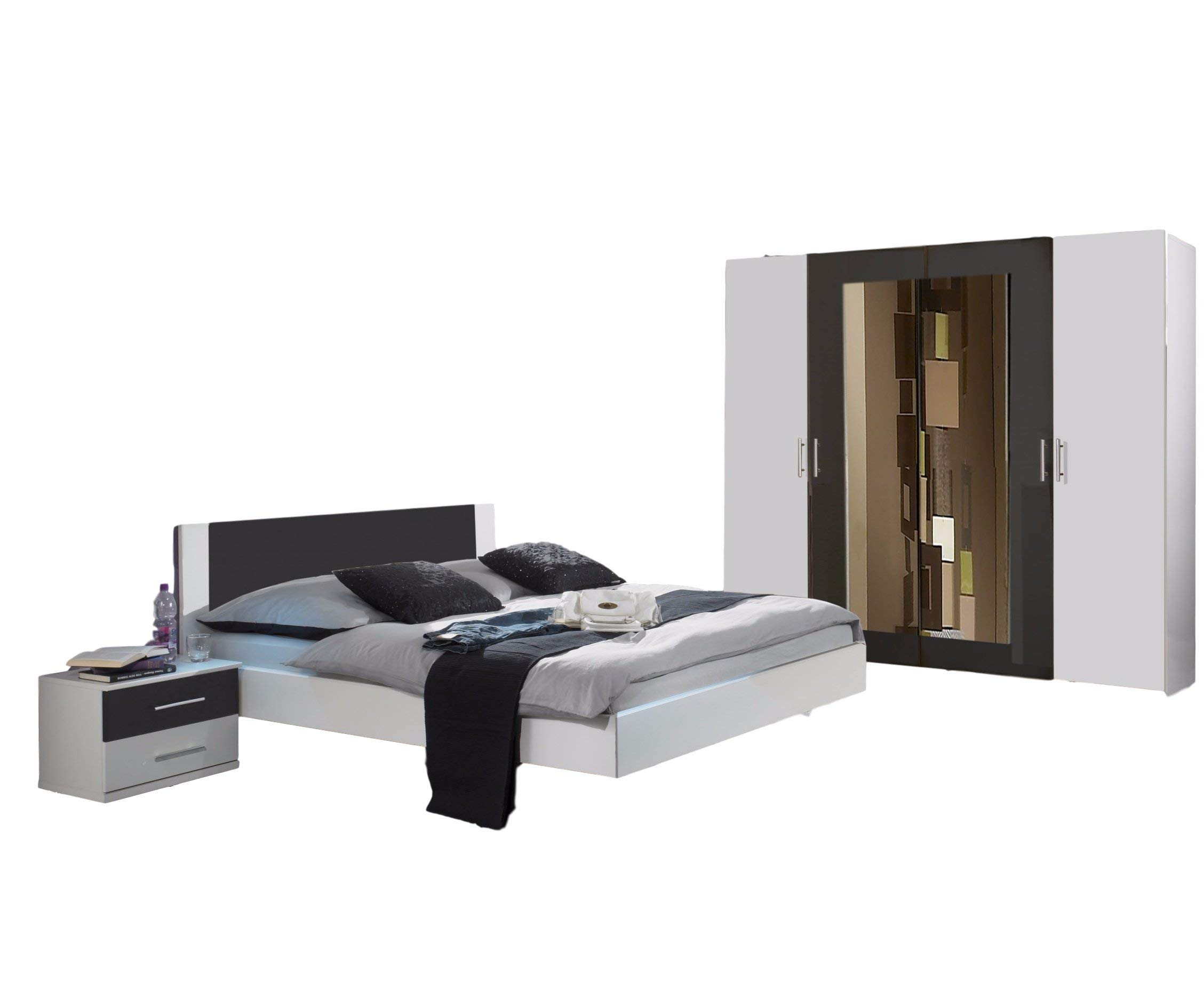 Wimex Schlafzimmer Set Nora, bestehend aus Bett, Nachschrank-Set und Kleiderschrank, Liegefläche 180 x 200 cm, Weiß/ Absetzung Anthrazit