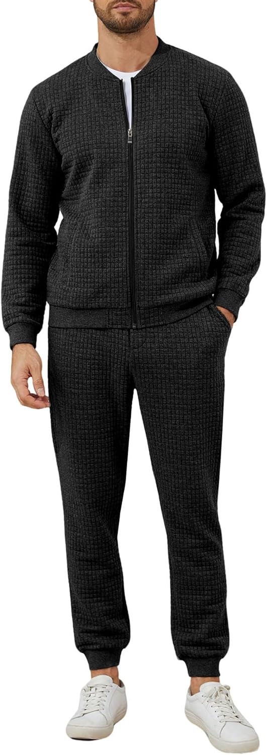 UOUA Men’s Tracksuit 2 Piece Sets Casual Sweatsuit with Full Zip Athletic Jogging Suits Waffle Plaid Jacquard Outfits