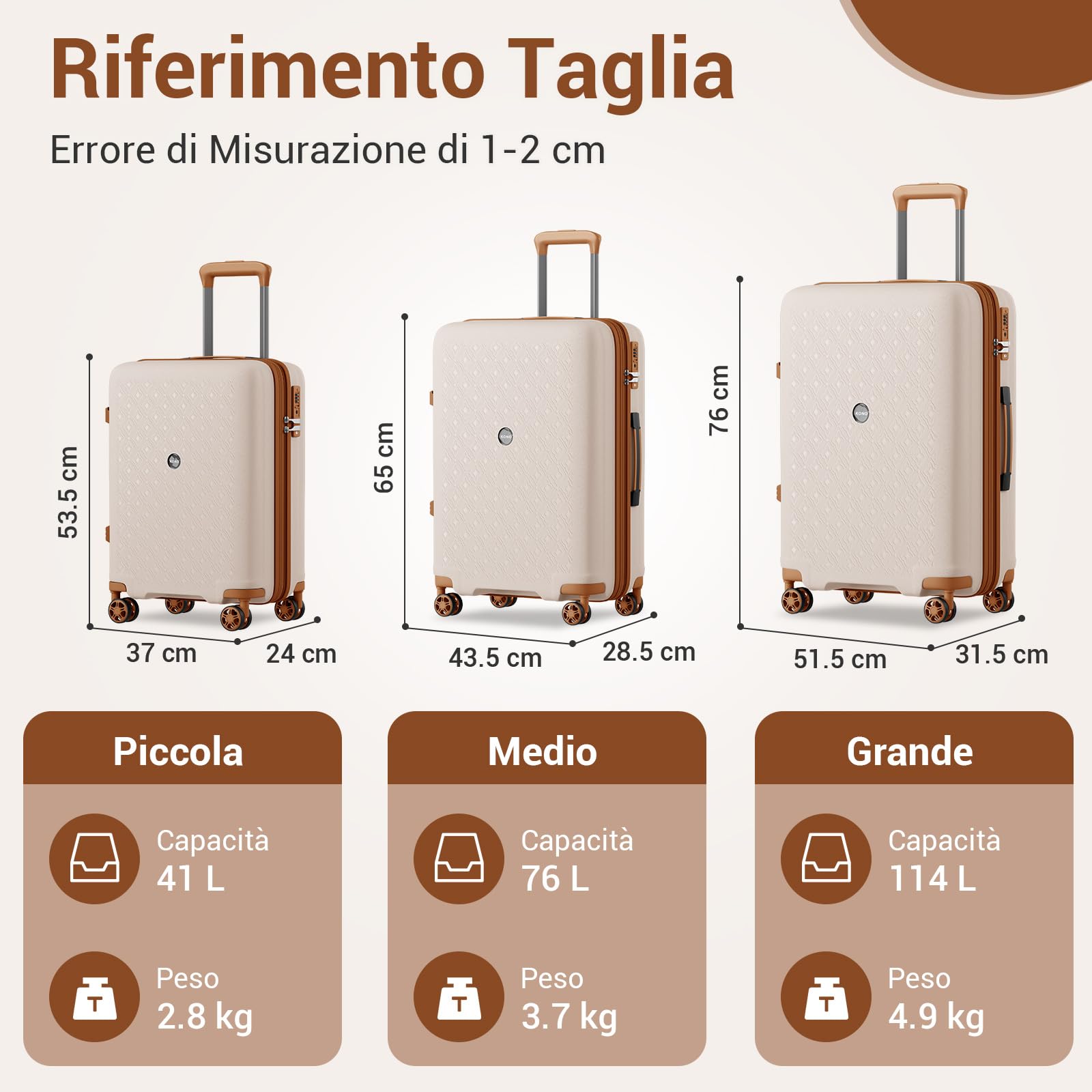 KONO Valigia Media in PP Rigida 65 cm - Trolley 20 kg Leggero Espandibile con Ruote 360° TPE, Portabicchieri Integrato e Serratura TSA (24", Beige/marrone)