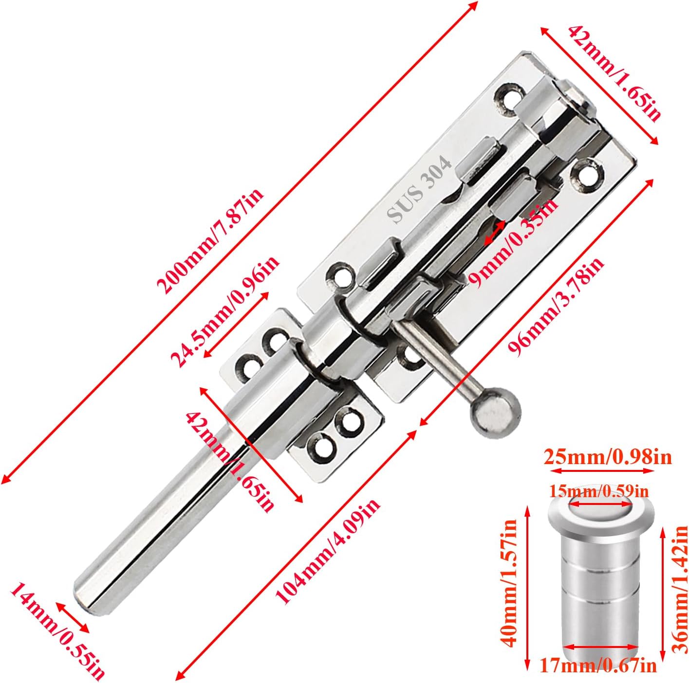Gate Latch 304 Stainless Steel Slide Bolt Latch Heavy Duty Rustproof Barrel Bolt Latch Thickened Solid Outdoor Gate Lock Door Hardware for Shed Fence Trailer