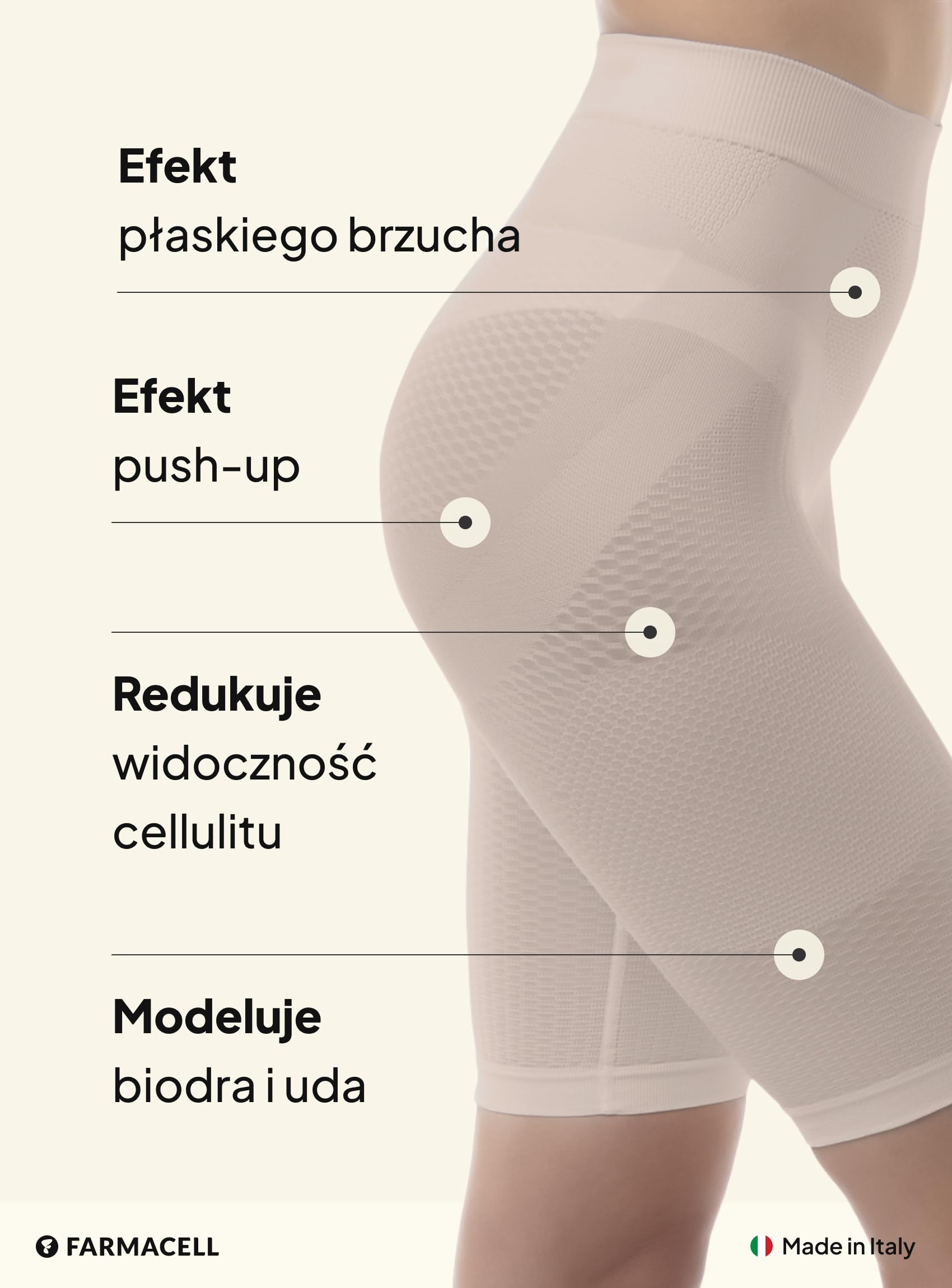 Farmacell Szorty Antycellulitowe Modelujące Damskie, Kontrolą Brzucha, Push-Up, Made in Italy, 312