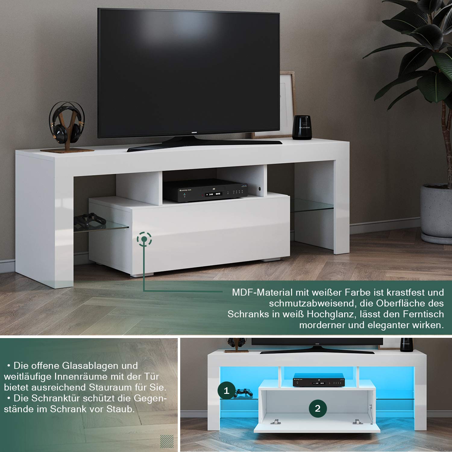 SONNI Meuble TV moderne de 160 cm, blanc brillant avec éclairage LED, tiroir, étagères en verre ouvertes, pour TV jusqu'à 65" salon et chambre à coucher, 160 x 35 x 45 cm