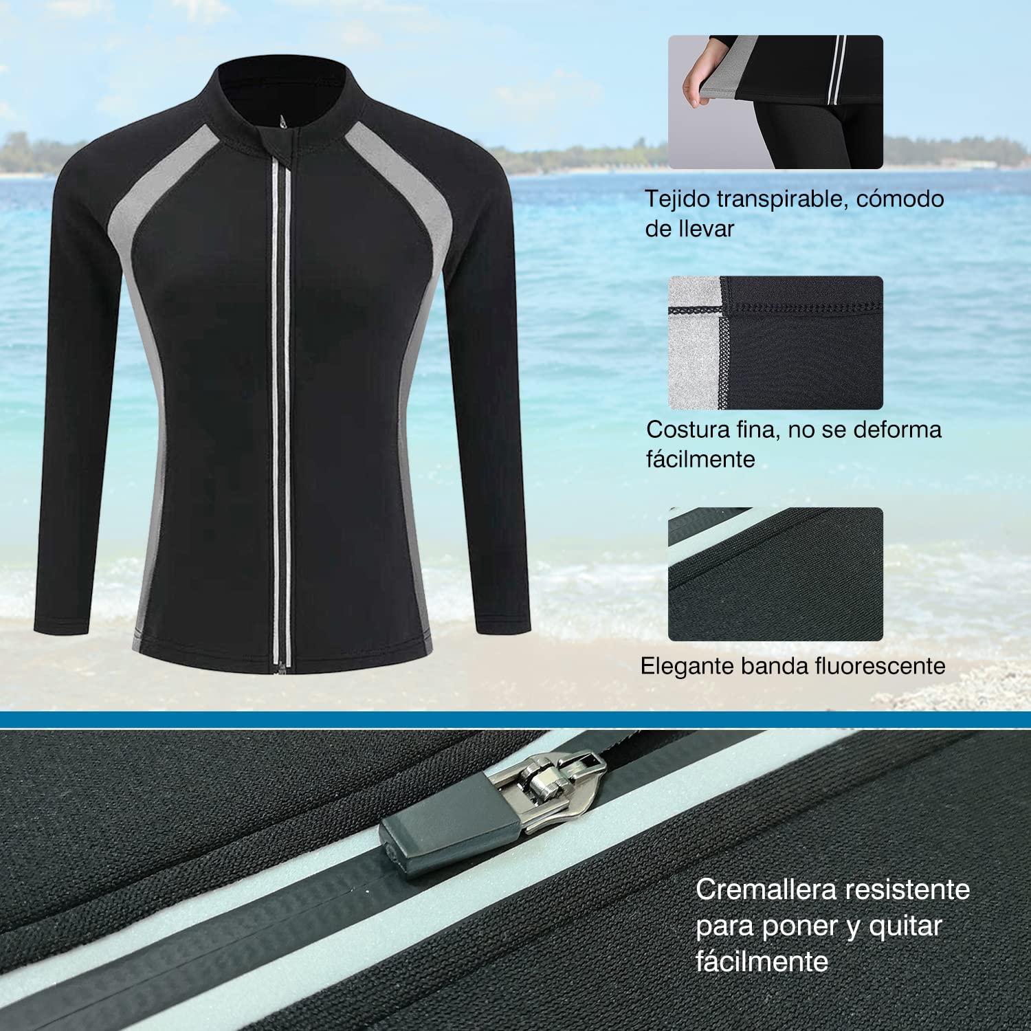 Veste de plongée en néoprène de 2 mm pour Femme Veste de Surf à Manches Longues avec Fermeture éclair sur Le Devant Combinaison Sport Nautique de plongée sous Marine Natation Plage Snorkeling