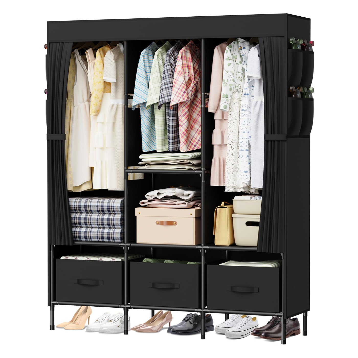 LOEFME Canvas Wardrobe, Fabric Wardrobes for Bedroom with 3 Storage Boxes and Hanging Rods, 51 x 17.7 x 67 Inch Size, 16mm Pipe Diameter Fabric Closet Grey (Black-1)