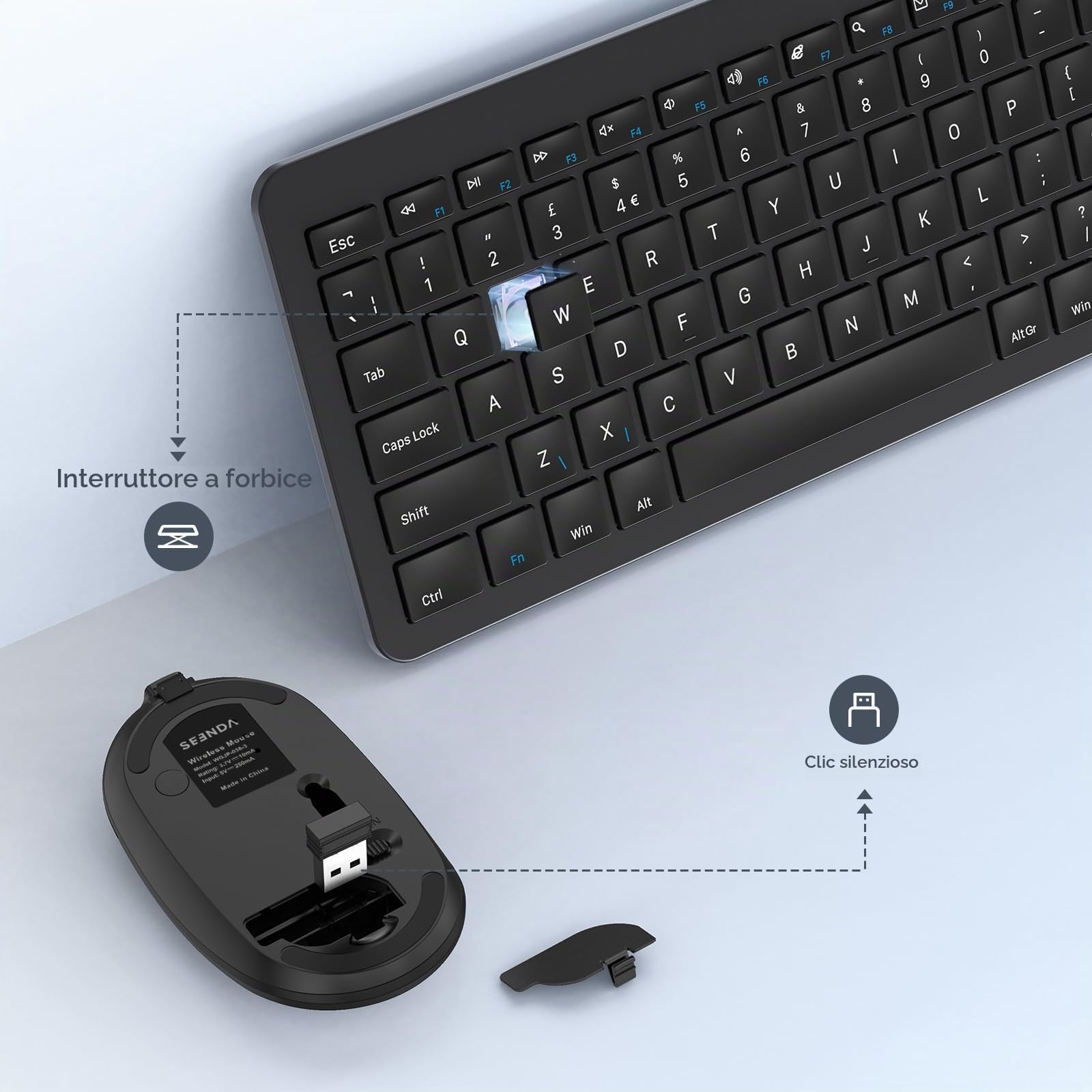 seenda Tastiera e mouse wireless ricaricabile, SK38-3, ultra sottile, silenziosa, USB per computer portatili Windows, PC, layout QWERTY UK, nero