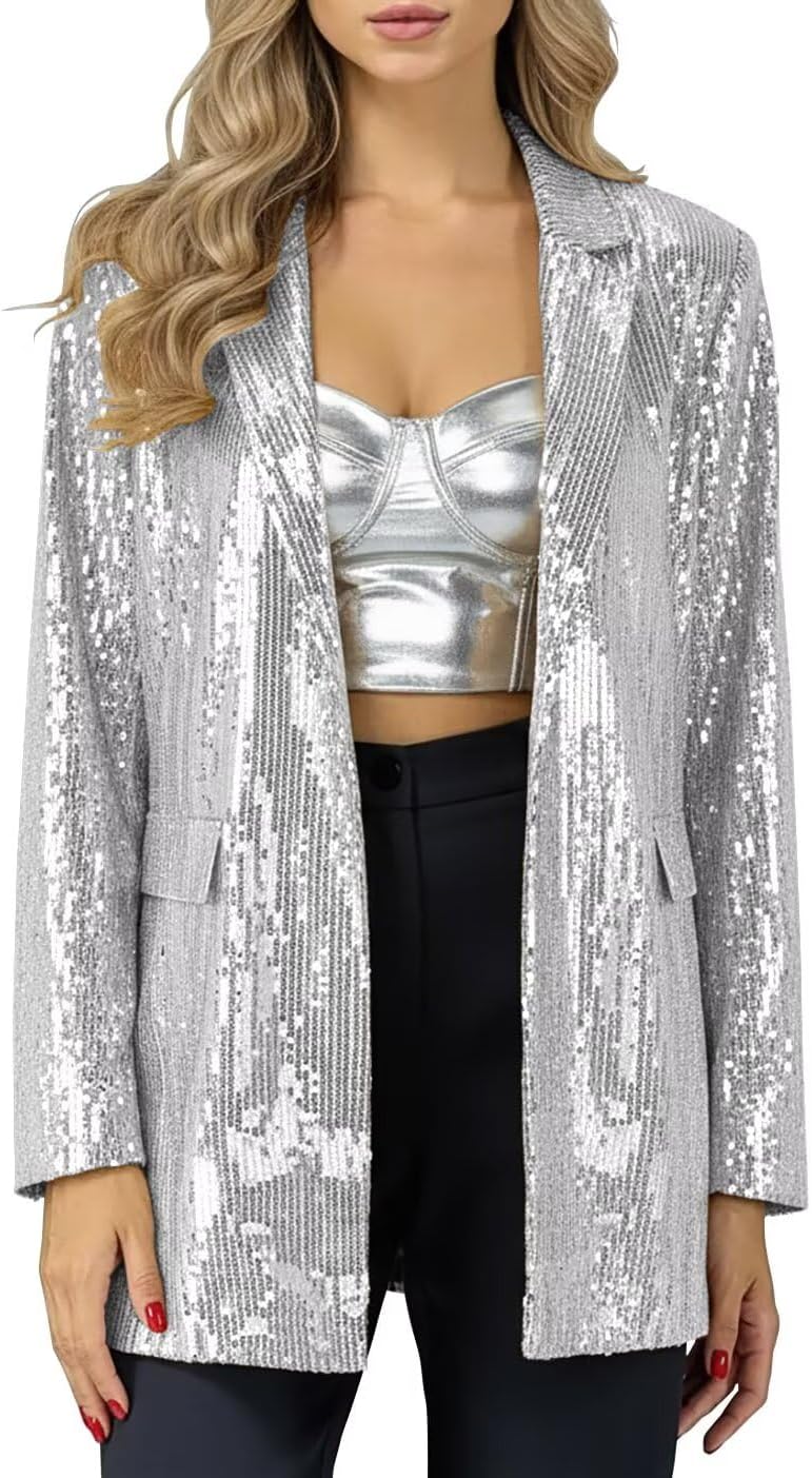 Women's Sequin Jackets Open Front Sparkly Blazer for Women Casual Party Shiny Long Sleeve Cardigan Coat