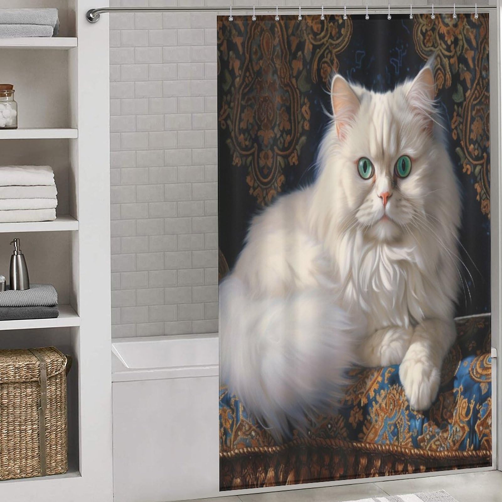 Rideau de douche imperméable et lavable motif chat 140x183 cm avec anneaux de fixation