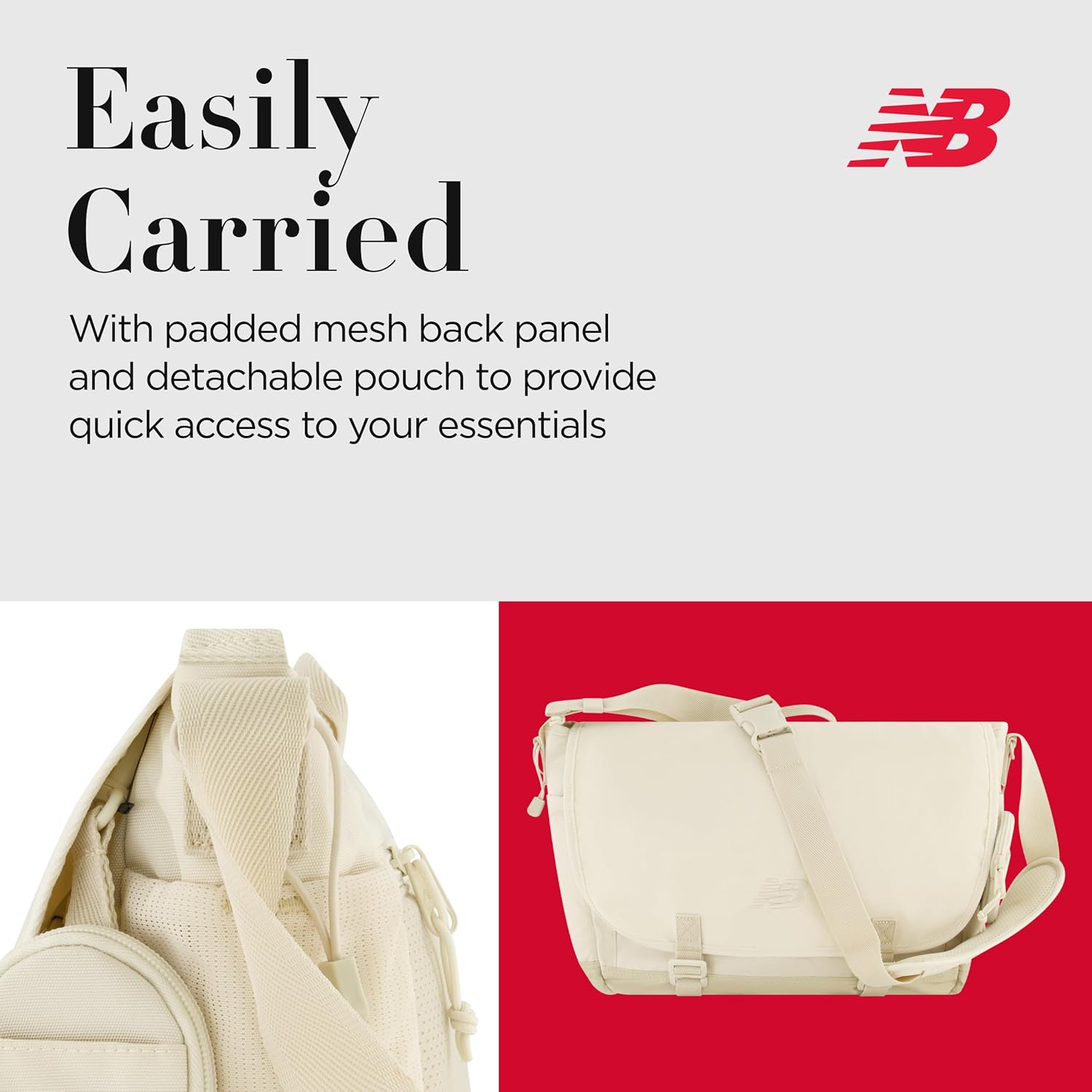 New Balance Messenger Bag, Athletics Collection Travel Handbag for Men and Women, Off White, One Size